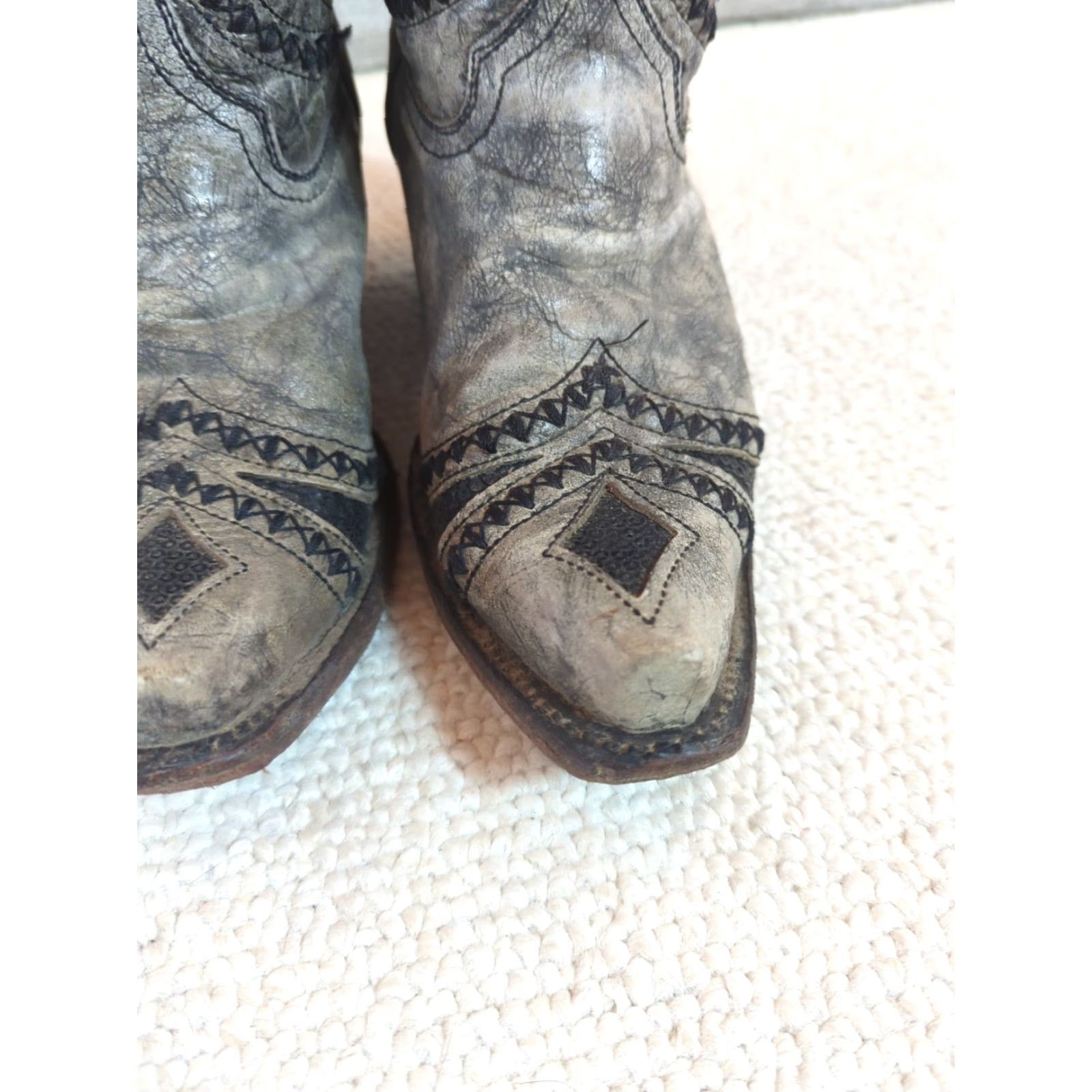 Vintage Corral Boots Cowgirl Western Leather Snip Toe Black Gray Inlay 7M Mid Calf Size US 7 / IT 37 - 4 Thumbnail