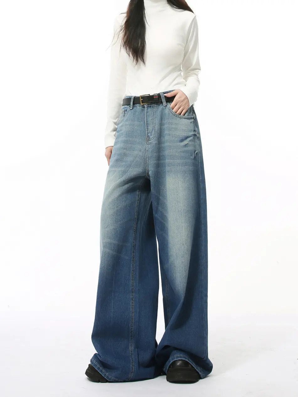 Japanese Brand Retro water patterned wide leg straight leg jeans Size US 32 / EU 48 - 3 Thumbnail