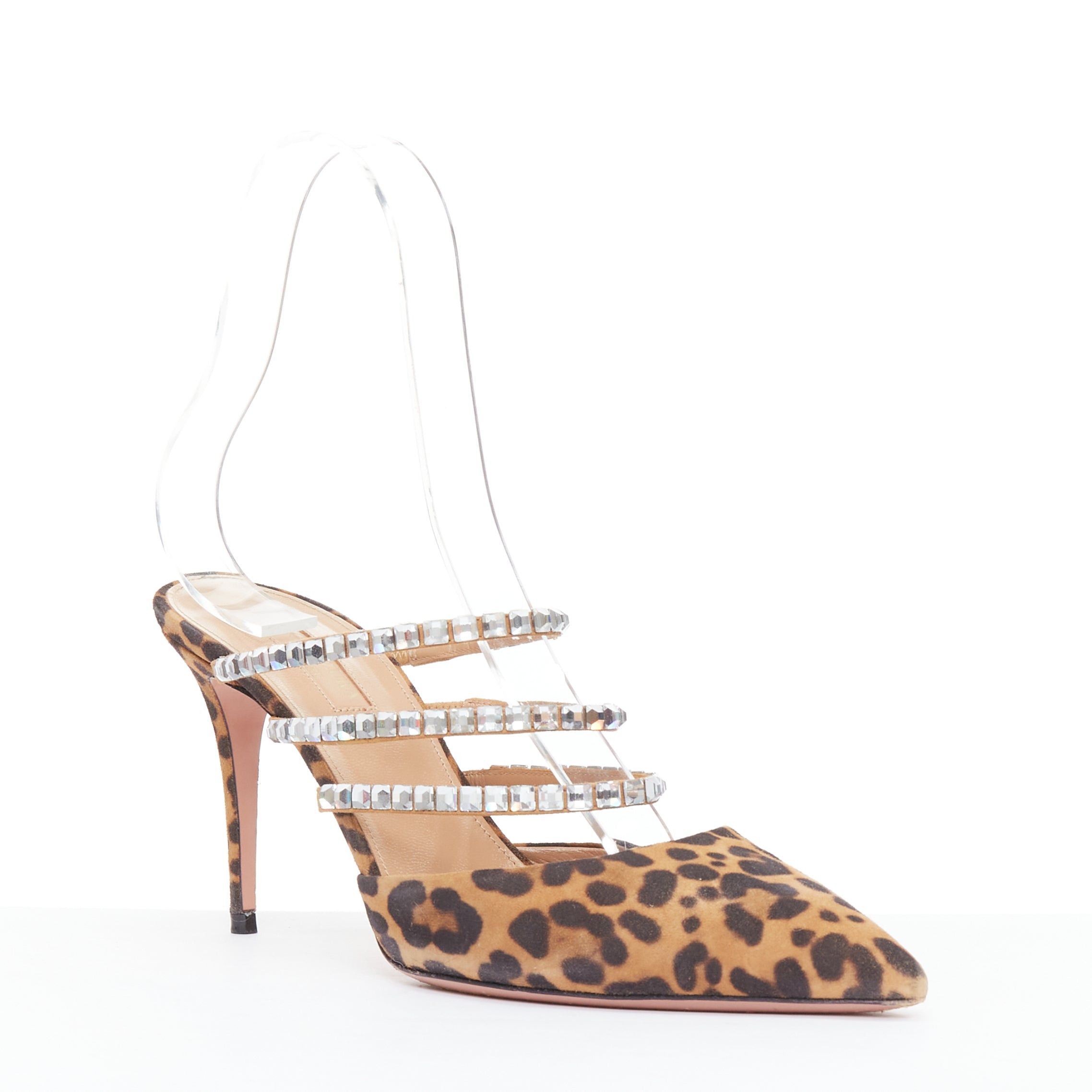 Aquazzura AQUAZZURA Donata brown leopard suede crystal straps mules EU39 Size US 9 / IT 39 - 1 Thumbnail