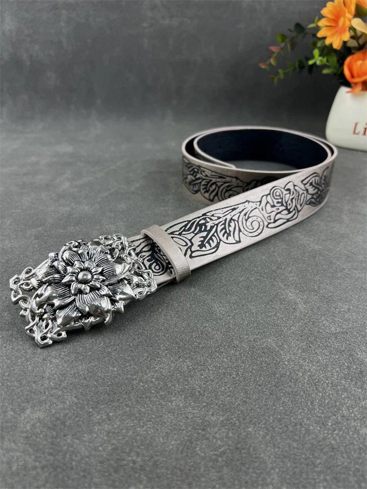 Leather Floral-Embossed Silver Buckle Belt Size ONE SIZE - 3 Thumbnail