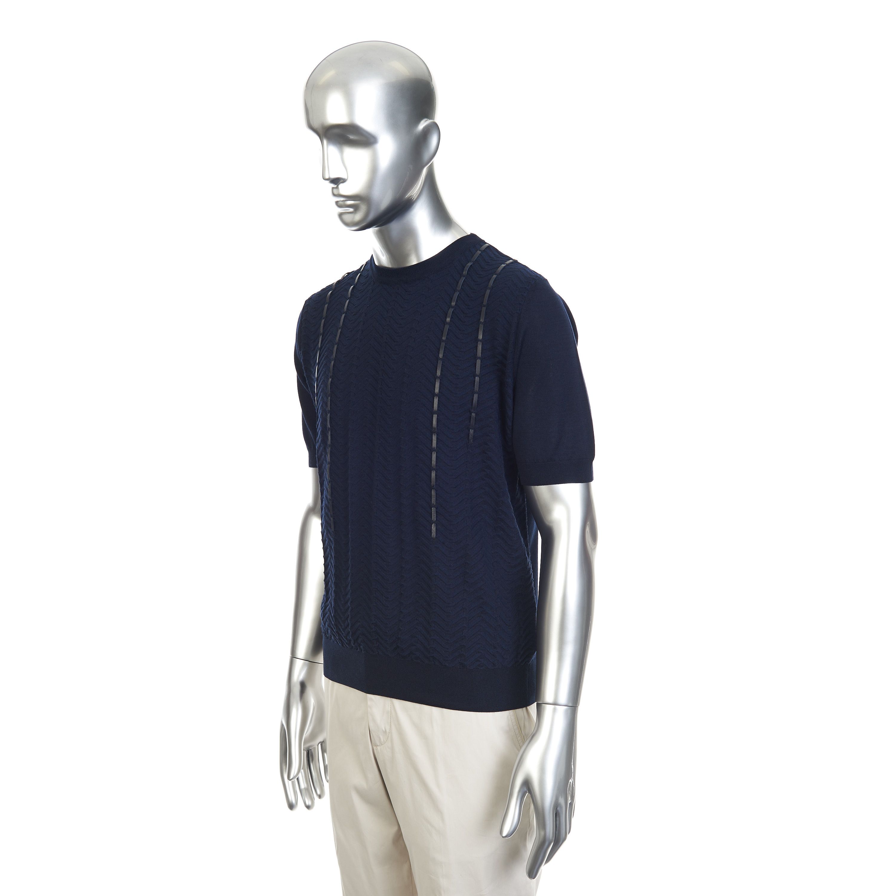 Zilli Dark Navy Jacquard Weave T-Shirt With Lambskin Inserts Size US M / EU 48-50 / 2 - 2 Thumbnail
