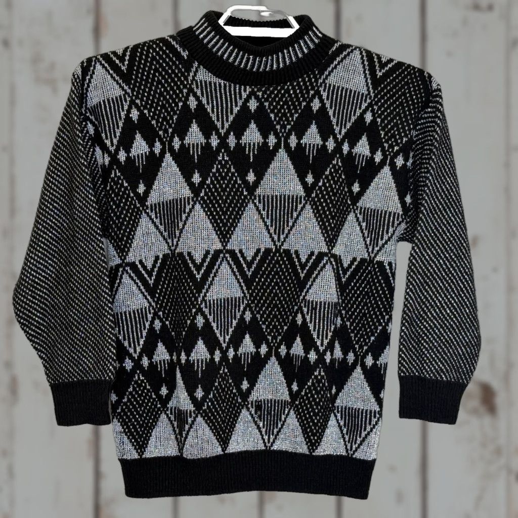 Vintage VINTAGE Fortune Knits Sweater Womens Sz Medium Black Silver Granny Core USA Pullover Crew Neck Long Sleeve Size M / US 6-8 / IT 42-44 - 1 Thumbnail