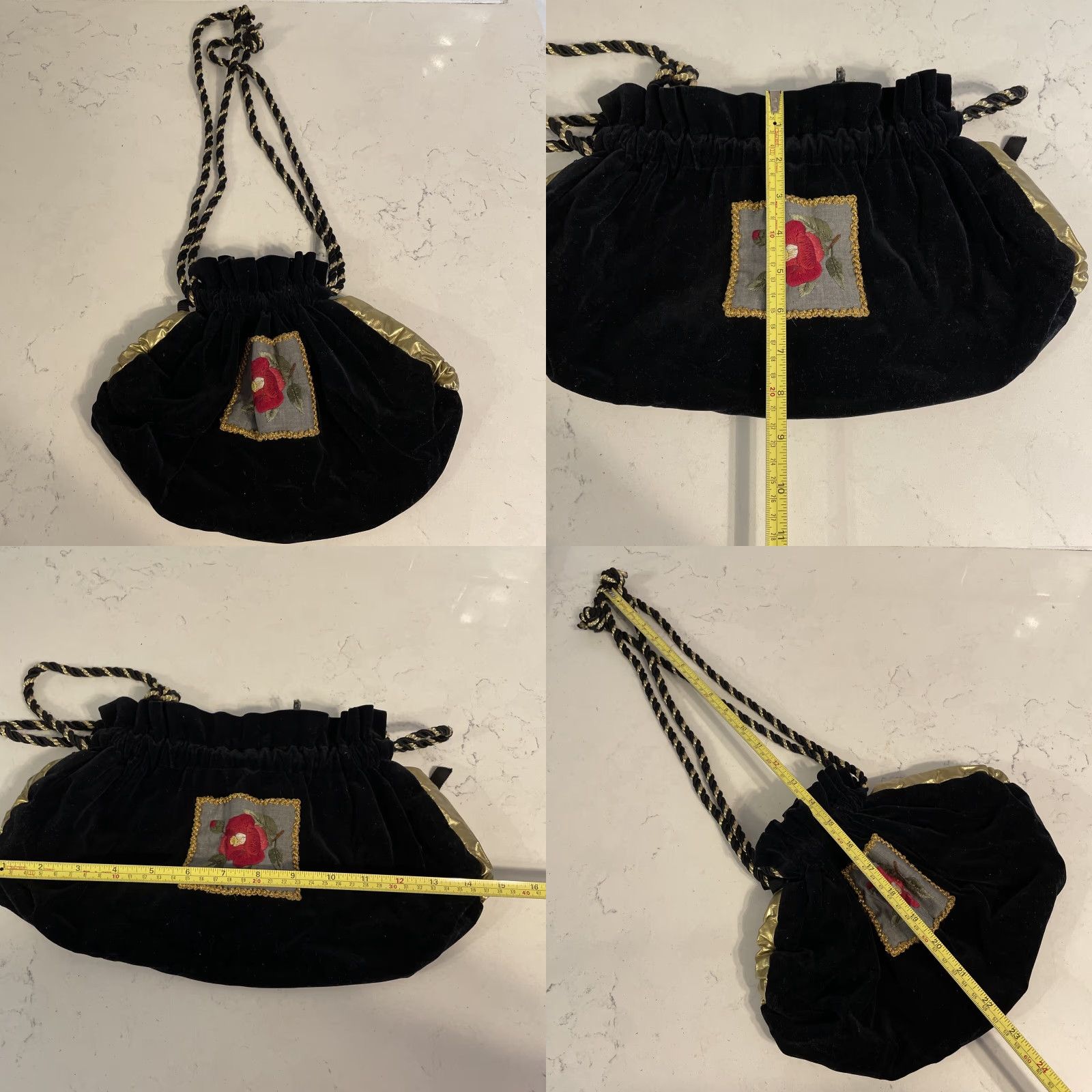 Velvet VINTAGE Black Velvet Gold Detail Red Floral Embroidery Drawstring Pouch Purse Bag Size ONE SIZE - 8 Thumbnail
