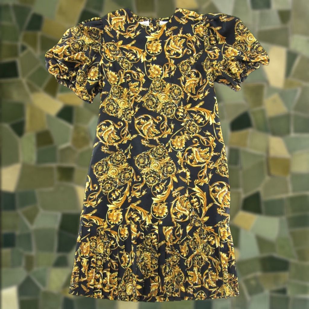 Vintage VINTAGE Liz Roberts Petites Black Gold Floral Puff Sleeve Pleat Shift Dress 12P Size XL / US 12-14 / IT 48-50 - 1 Thumbnail