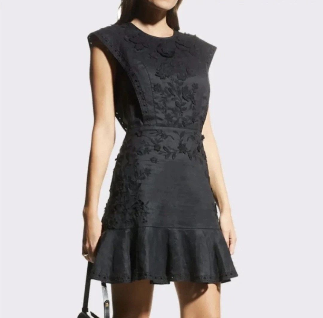 Veronica Beard Dress Kerison Embroidered Floral Ruffle Short Sleeve Party Size XS / US 0-2 / IT 36-38 - 2 Thumbnail
