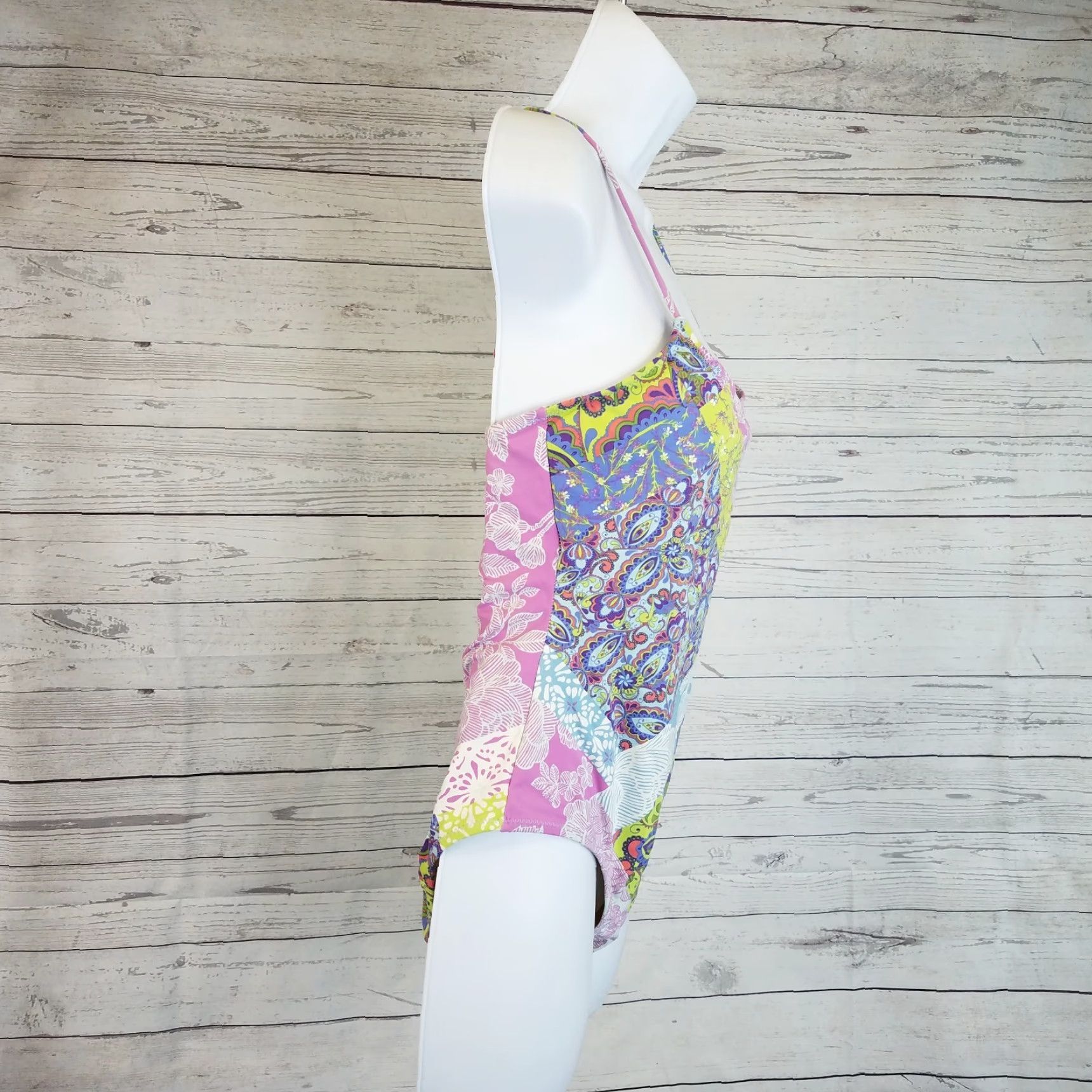 Vintage Garnet Hill Womens One Piece Swimsuit Sz 4 Pink Green Patchwork Floral Size ONE SIZE - 2 Thumbnail