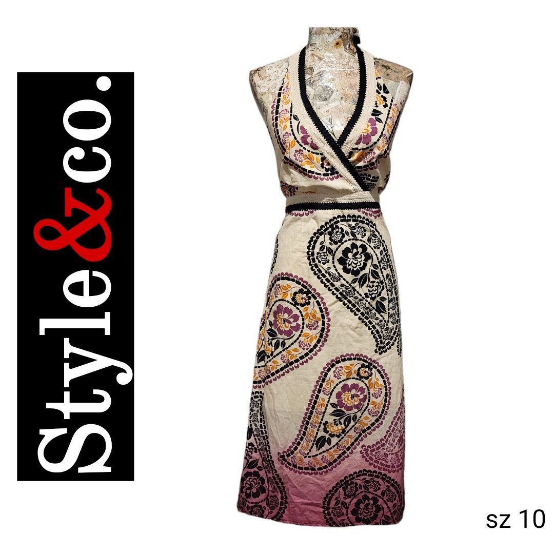 NBDN Nobrandedon Style & Co. Paisley Halter Empire Waist Tan Ombre Dress Size L / US 10 / IT 46 - 1 Thumbnail