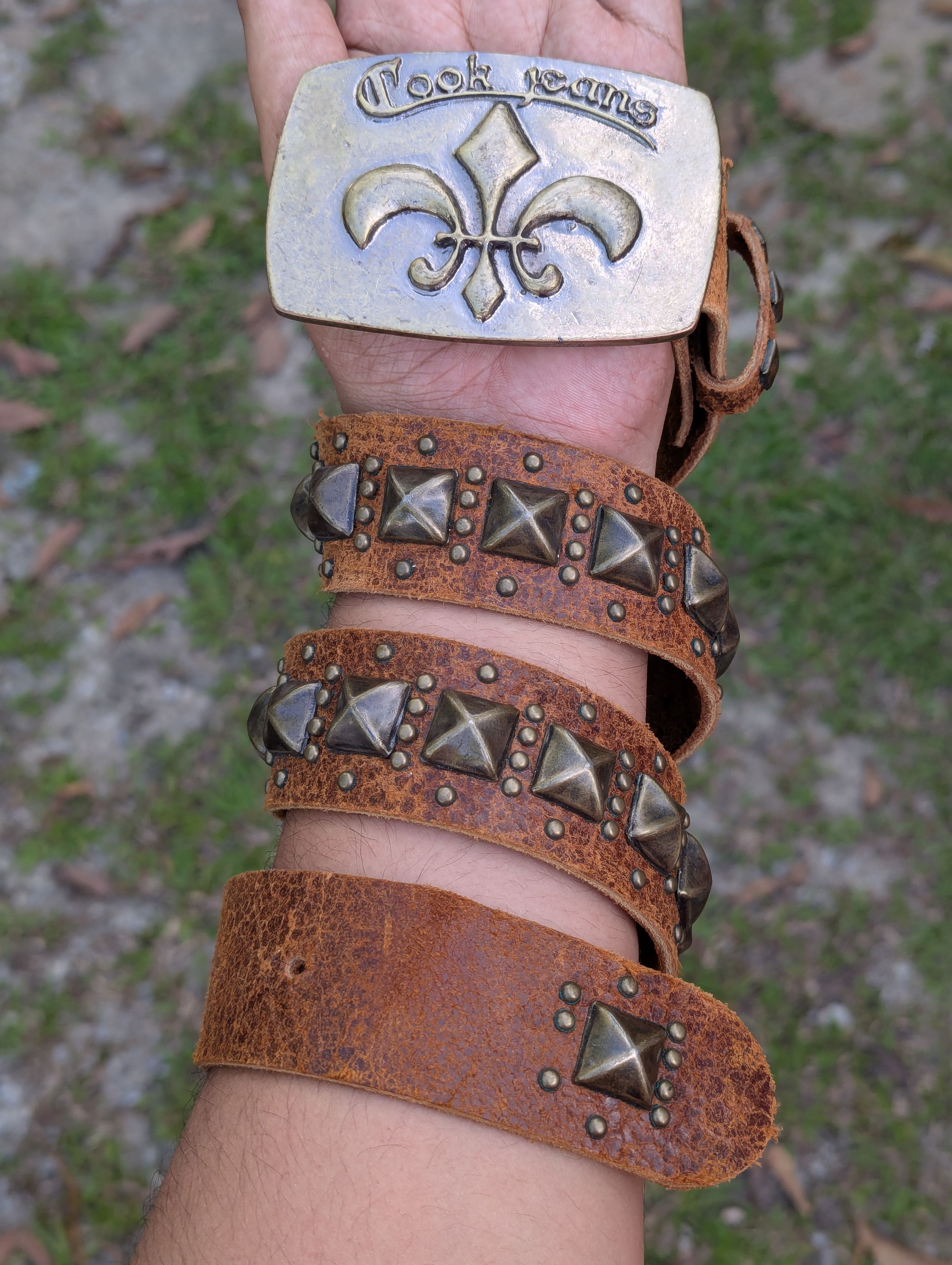 Leather Cook Jeans Studded Leather Belt Metal Buckle Fleur de lis Size 36 - 1 Thumbnail
