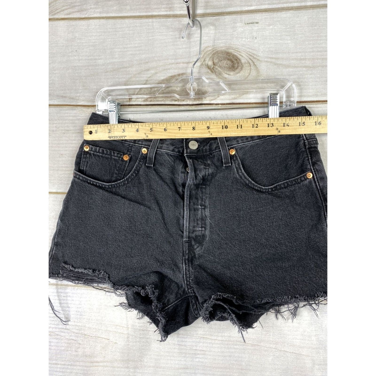 Levi's Levi’s 501 Jean Shorts Womens Sz 30 Black Cut Off Shortie Button Fly Fringe Logo Denim Shorts Slim Fit Reg Regular Womens Size 30" / US 8 / IT 44 - 3 Thumbnail