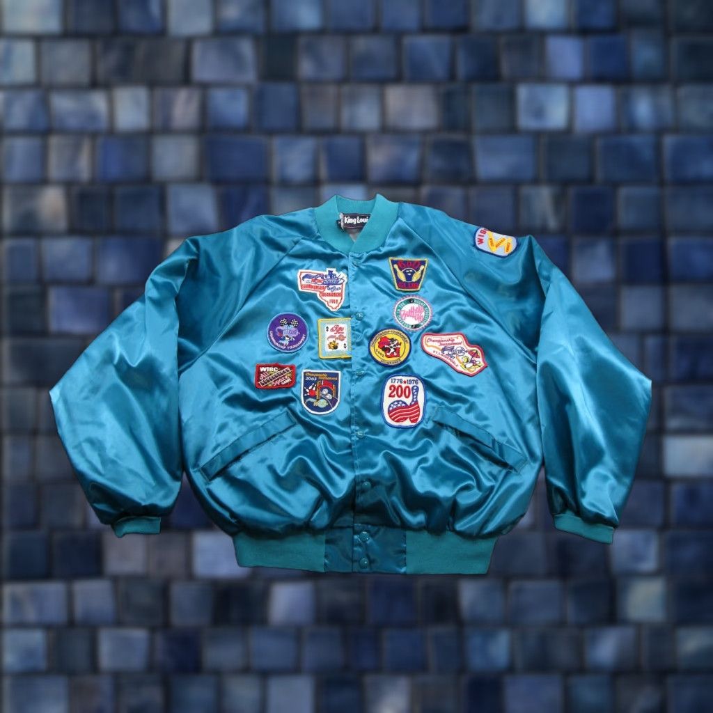 VINTAGE King Louie Satin Snap Up Bomber Jacket XL Blue Mens