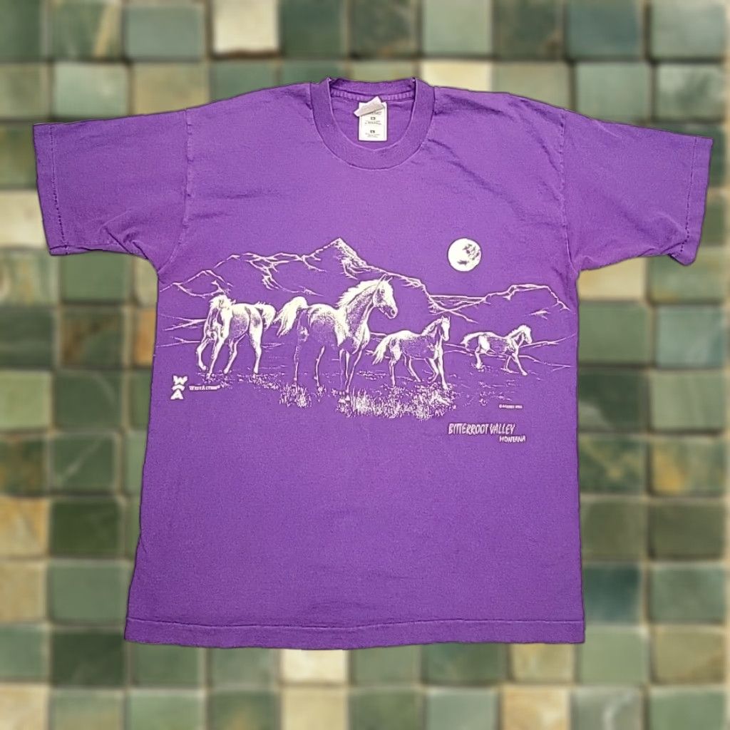 Fruit Of The Loom VTG Fruit of the Loom Bitterroot Valley Montana Shirt Mens L Purple AOP 90s Sports Cotton T-Shirt Crew Neck Short Sleeve Made in USA Mens Size US L / EU 52-54 / 3 - 1 Thumbnail
