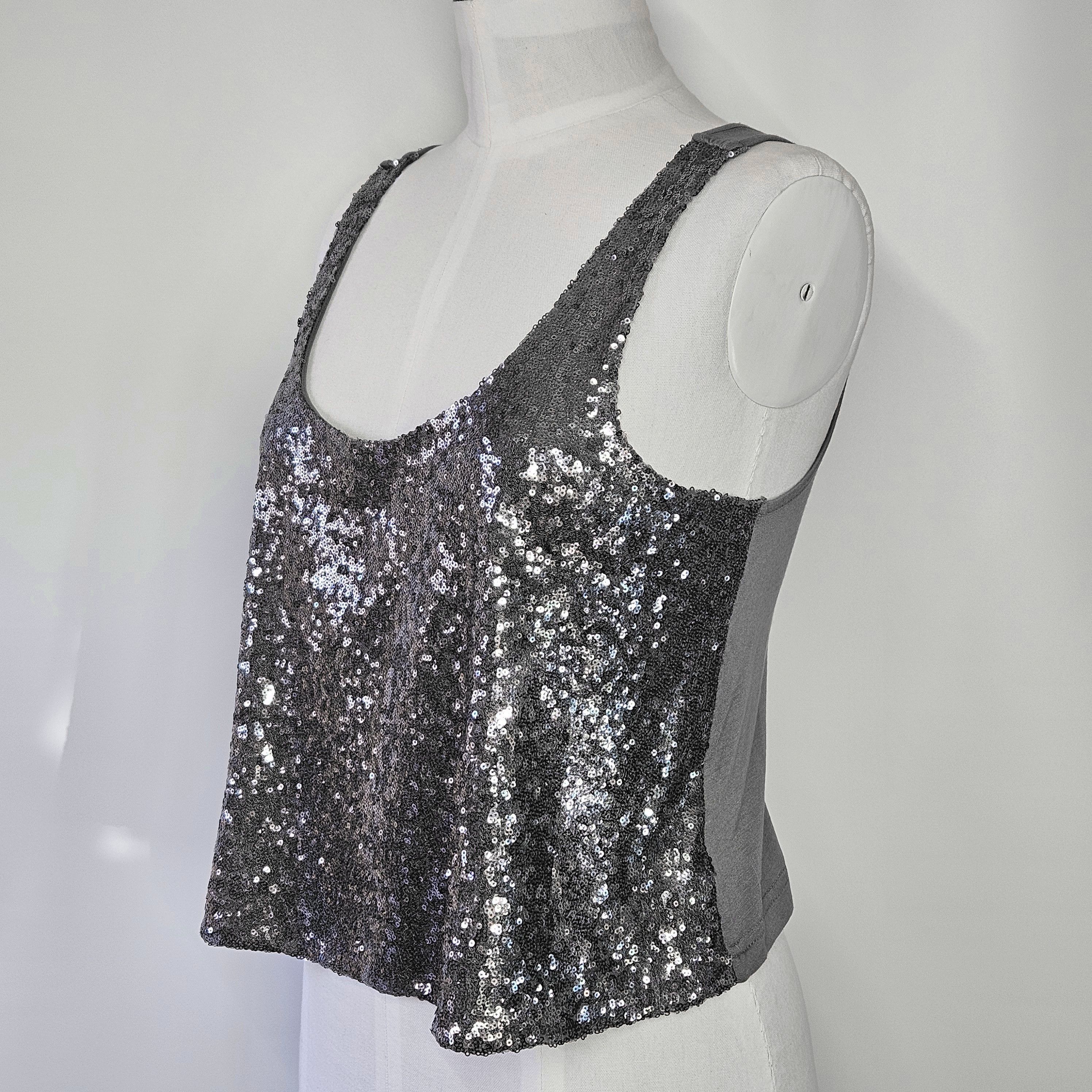 Guess Guess Size M Tank Top Silver Sequin Crop Cami Grey Jersey Size M / US 6-8 / IT 42-44 - 3 Thumbnail