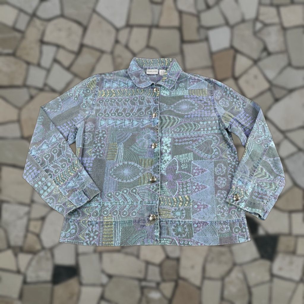 Vintage Chicos Jacket Womens S Blue Canvas Geometric Button Up Top Casual Workwear Size S / US 4 / IT 40 - 1 Thumbnail