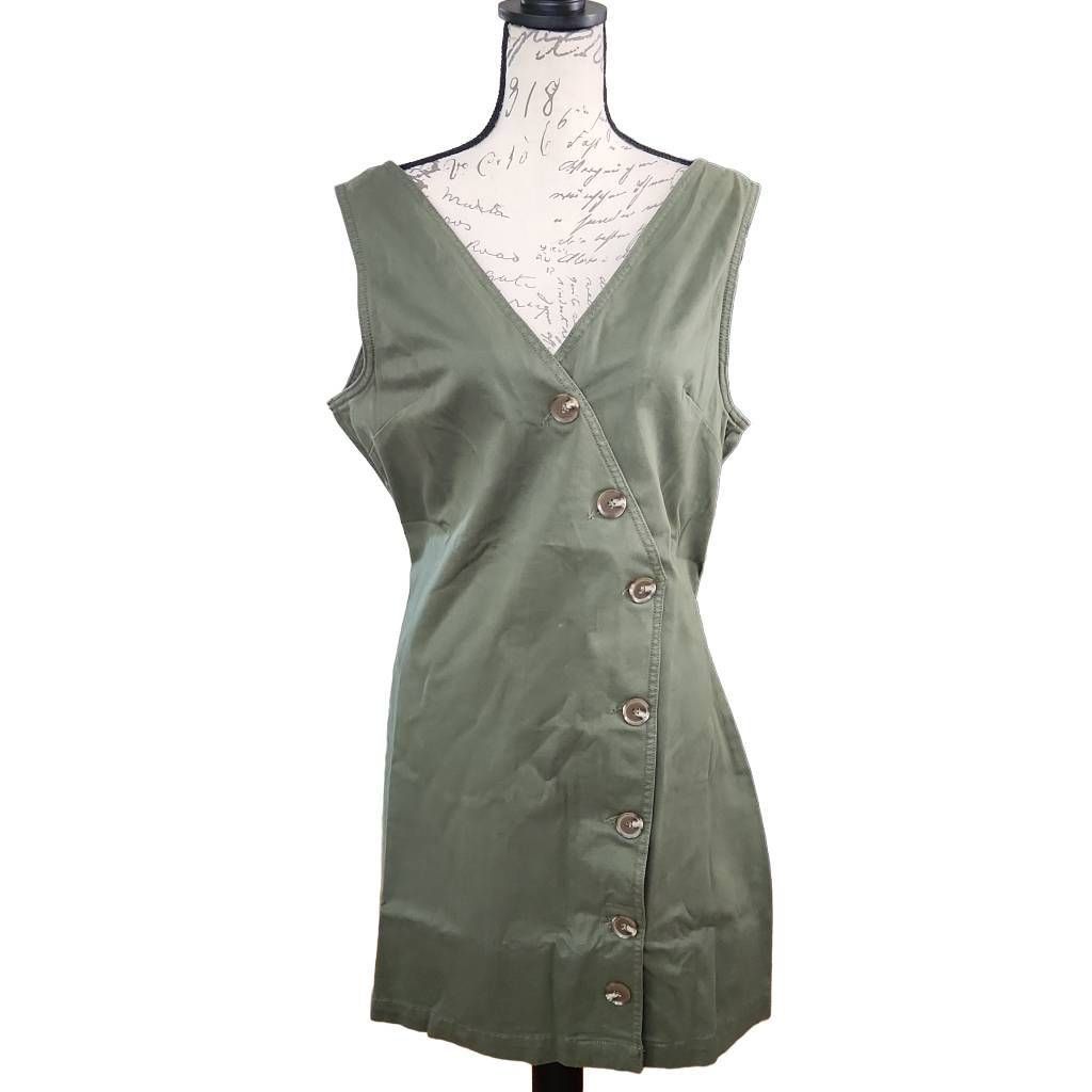 Warpweft Company Warp + Weft Ladies Size 1X Moss Green Canvas HTO East Hampton Button Front Dress Size XL / US 12-14 / IT 48-50 - 1 Thumbnail