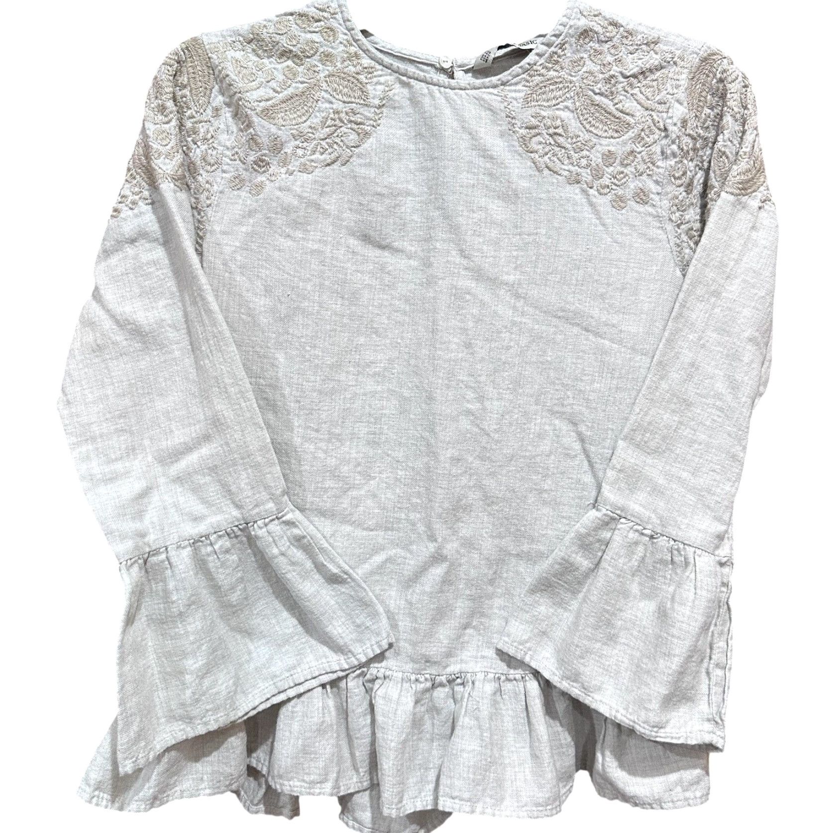 Zara Zara Blouse Womens XS Beige Embroidered Ruffle Hem Long Bell Sleeve Top Boho Size XS / US 0-2 / IT 36-38 - 2 Thumbnail