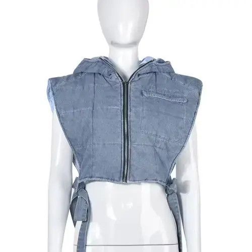 Winter Sleeveless Side Lace Up Vest Jacket Zipper Denim
