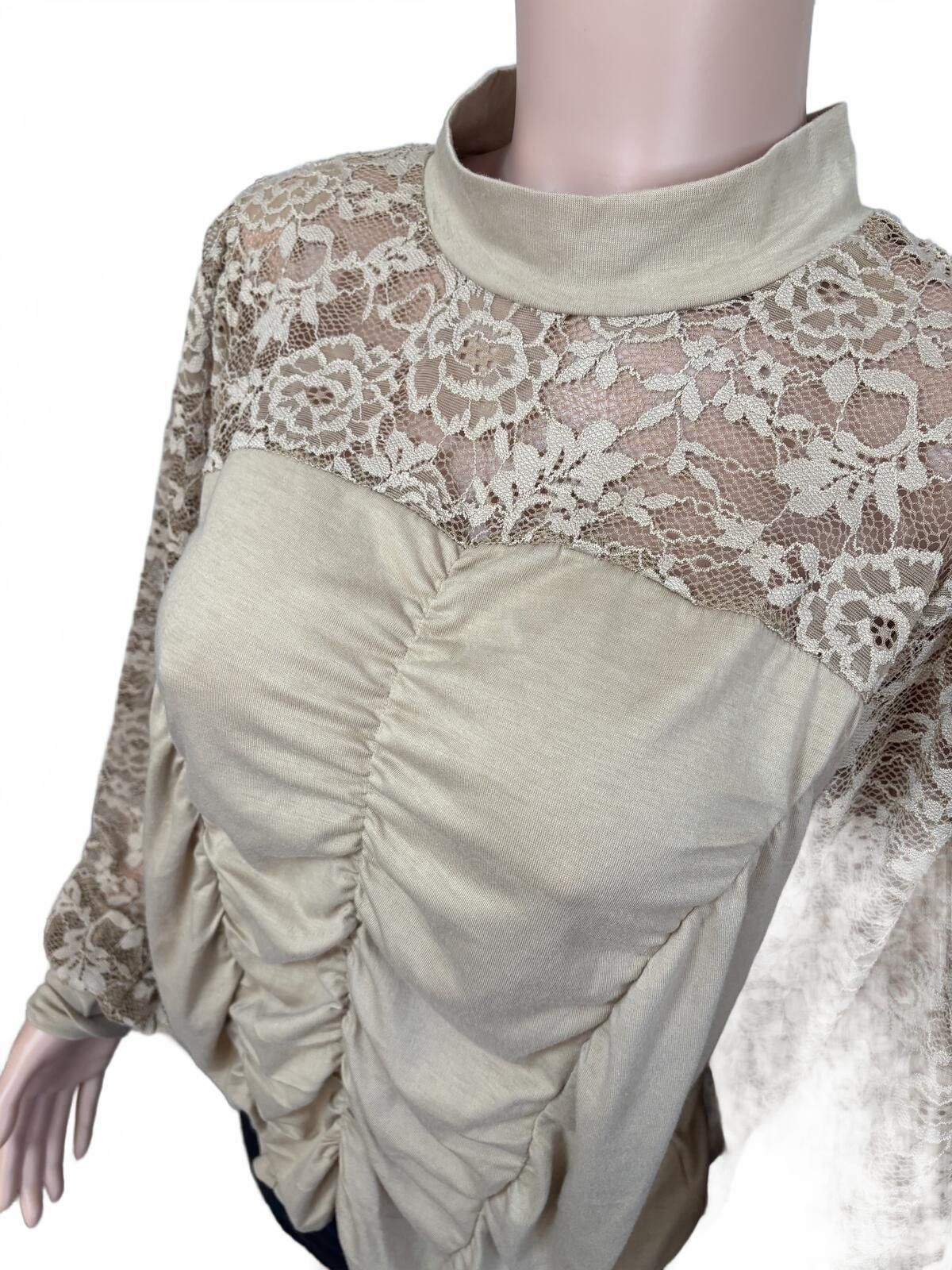 Other Vintage inspo Beige Lace Ruched Mock Neck Boho Y2K. M/L. Size M / US 6-8 / IT 42-44 - 3 Thumbnail