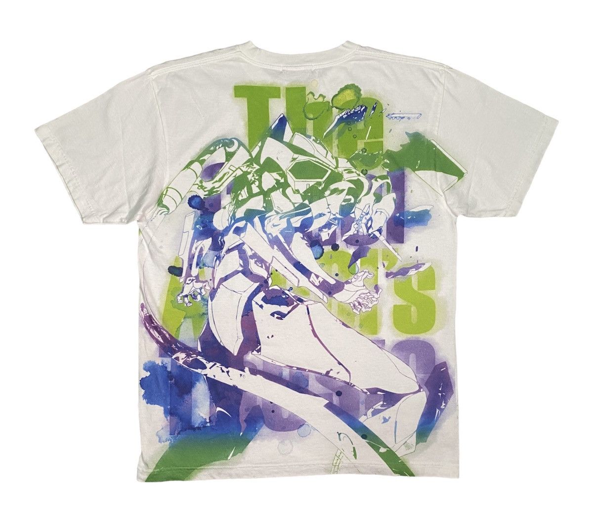 image of Anima x Movie Neon Genesis Evangelion Overprint Manga Anime T Shirt in White, Men's (Size Large)