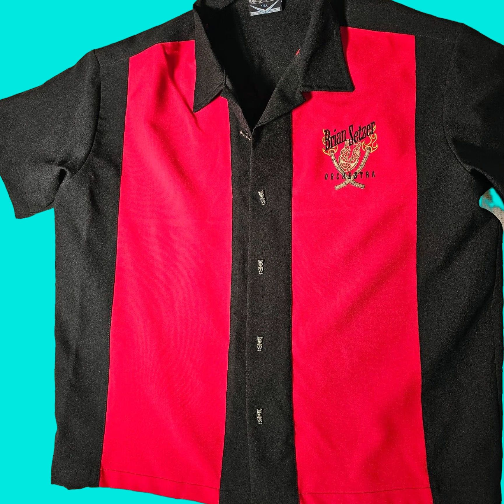 VINTAGE Brian Setzer Orchestra Rockabilly Concert Bowling Tiki Hawaiian Steady Shirt XL Multicolor Colorblock Mens