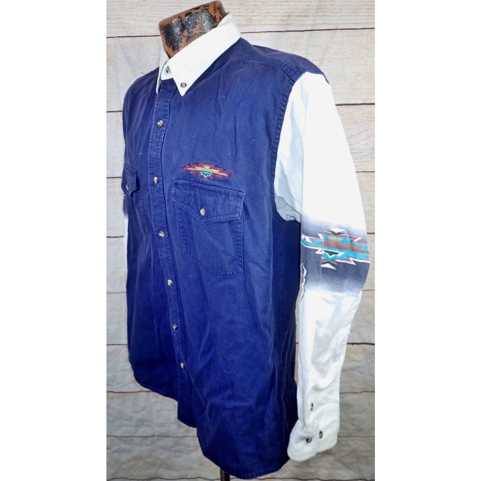 Express VINTAGE Express Rider Men's Western Shirt Blue Button Down Embroidered Aztec Southwest Design Size US M / EU 48-50 / 2 - 2 Thumbnail