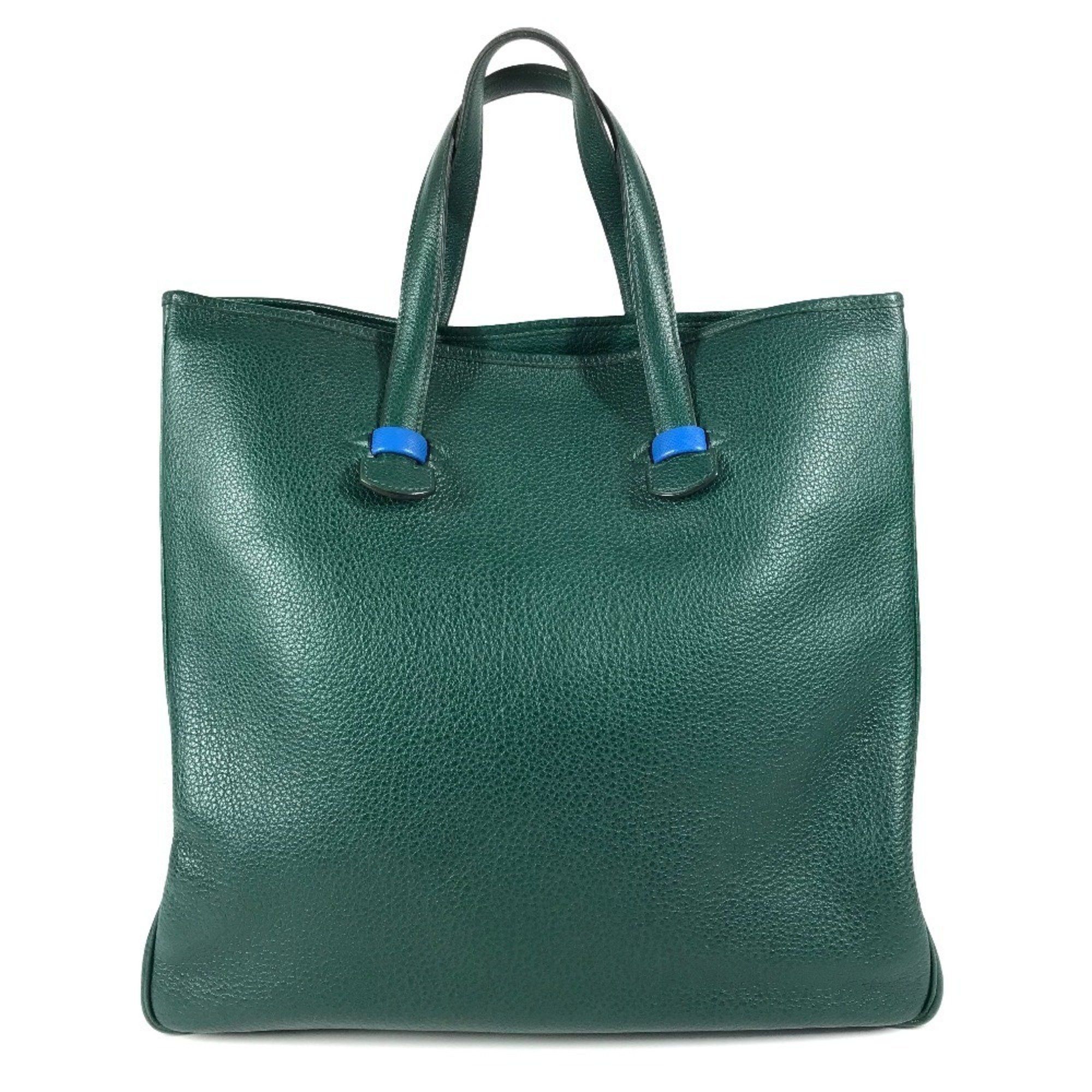 Hermes Bicolor Vertical Tote Gallop Shoulder Bag Buffle Skipper Men's Women's Green in Blue