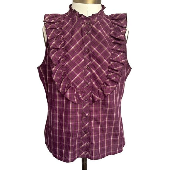 Other Purple Plaid Ruffled Front Sleeveless Blouse - Large Size L / US 10 / IT 46 - 2 Thumbnail