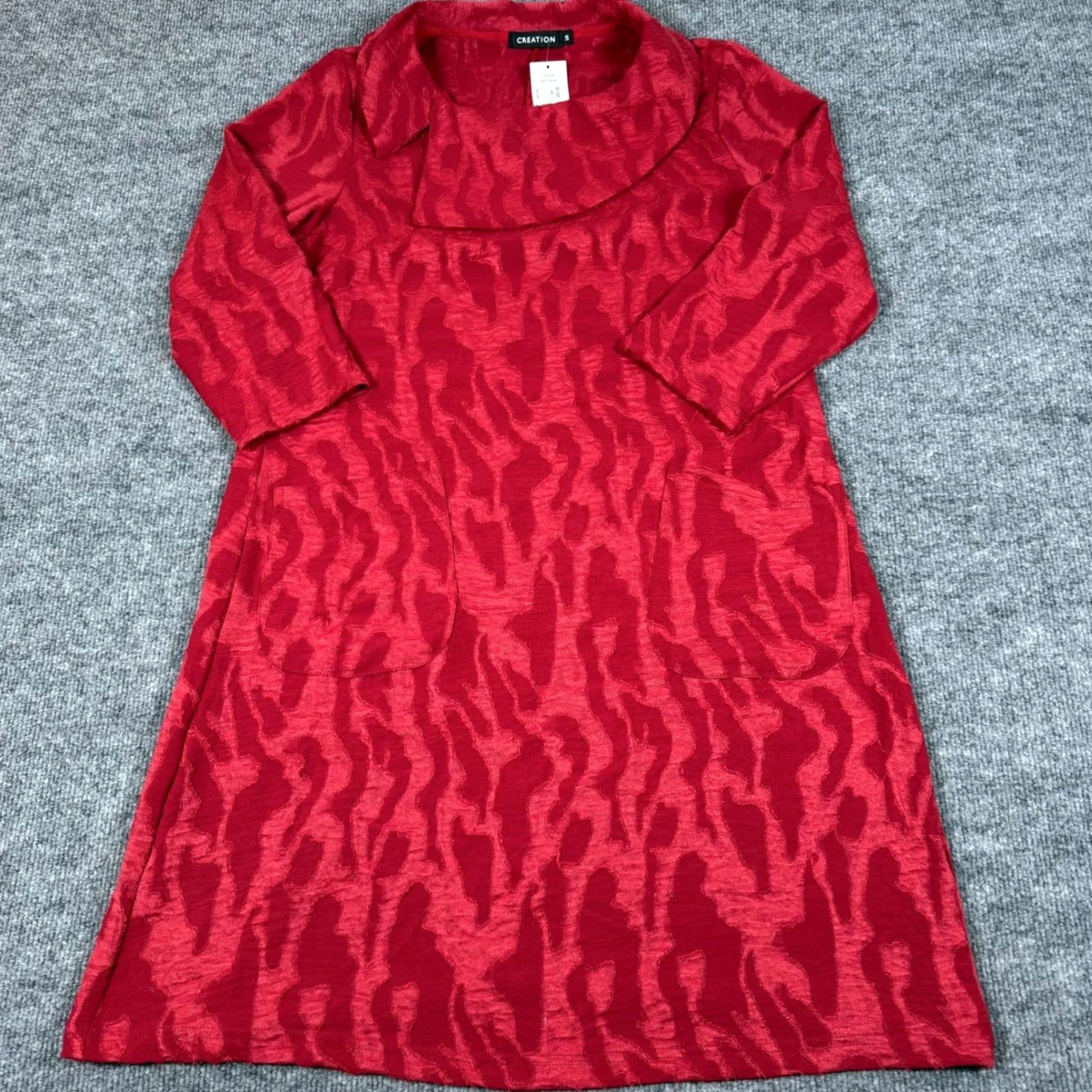 Vintage Creation Red Patterned Collar Neck 3/4 Sleeve Pockets NWT Dress Womens Small IDK? Size S / US 4 / IT 40 - 2 Thumbnail