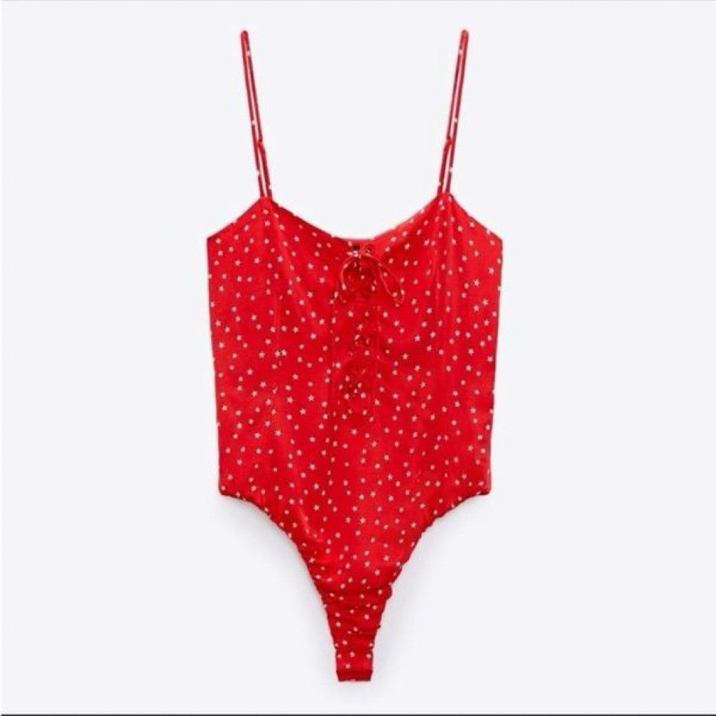 Zara Zara Red Star Print Lace-Up Bodysuit Size XS NWT Size XXS / US 00 / IT 34 - 2 Thumbnail