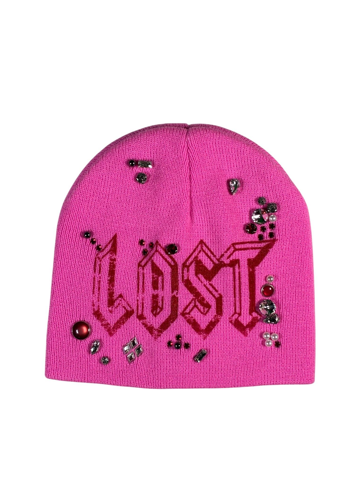 LOST INTRICACY Lost Intricacy 'Clear Rhinestone' Pink & Red Beanie Size ONE SIZE - 1 Preview