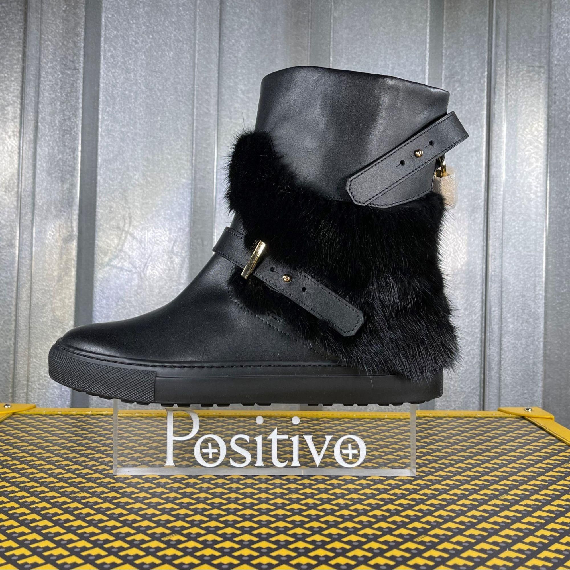 image of Buscemi Moto Fur Black Leather High Top Sneakers Us 8 Eu 38, Women's