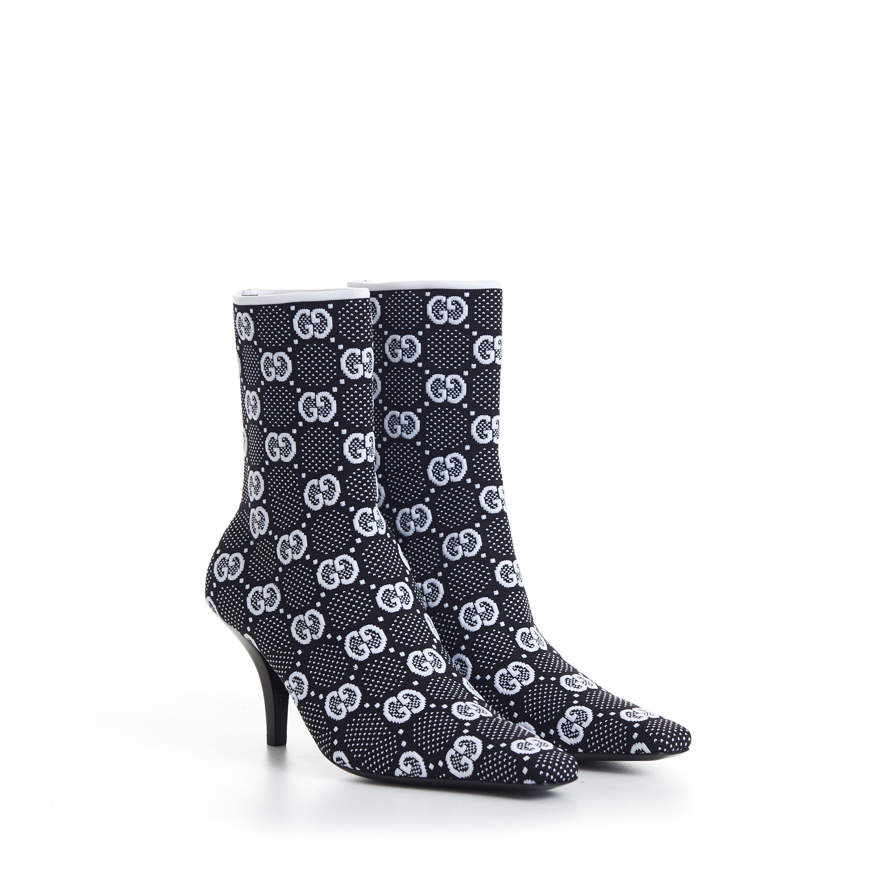 image of Gucci Women's Black GG Knit Ankle Boots - Metal G Signature in Black White (Size 10)
