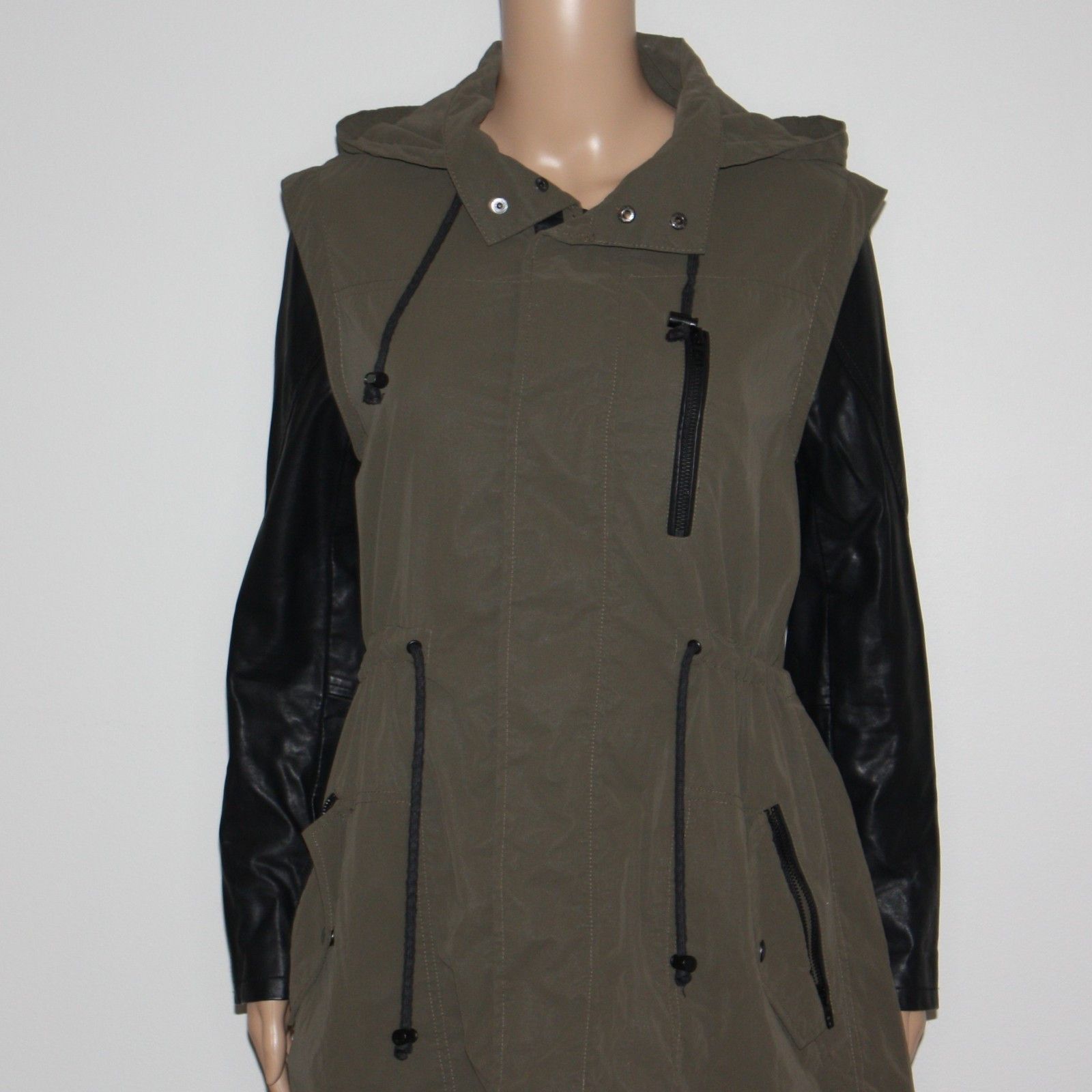 BLANKNYC Hooded Vegan Leather & Nylon Rain Jacket in Olive Green Size S / US 4 / IT 40 - 6 Thumbnail