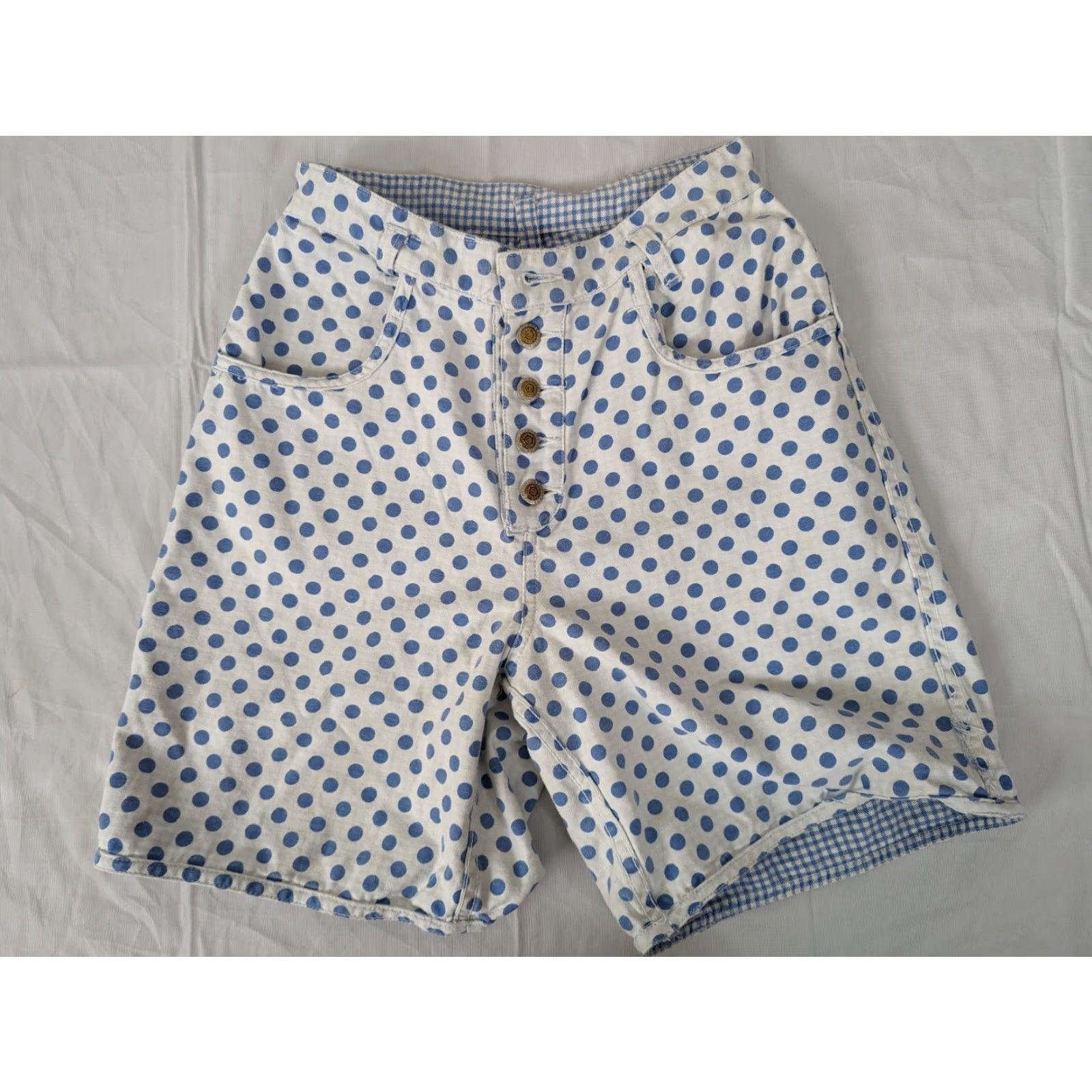 Vintage VINTAGE Mom Denim High Rise Bermuda 26 Jeans 90s Blue Blue Check Polka Dot Button Fly Women's 2 S4W Size 26" / US 2 / IT 38 - 2 Thumbnail
