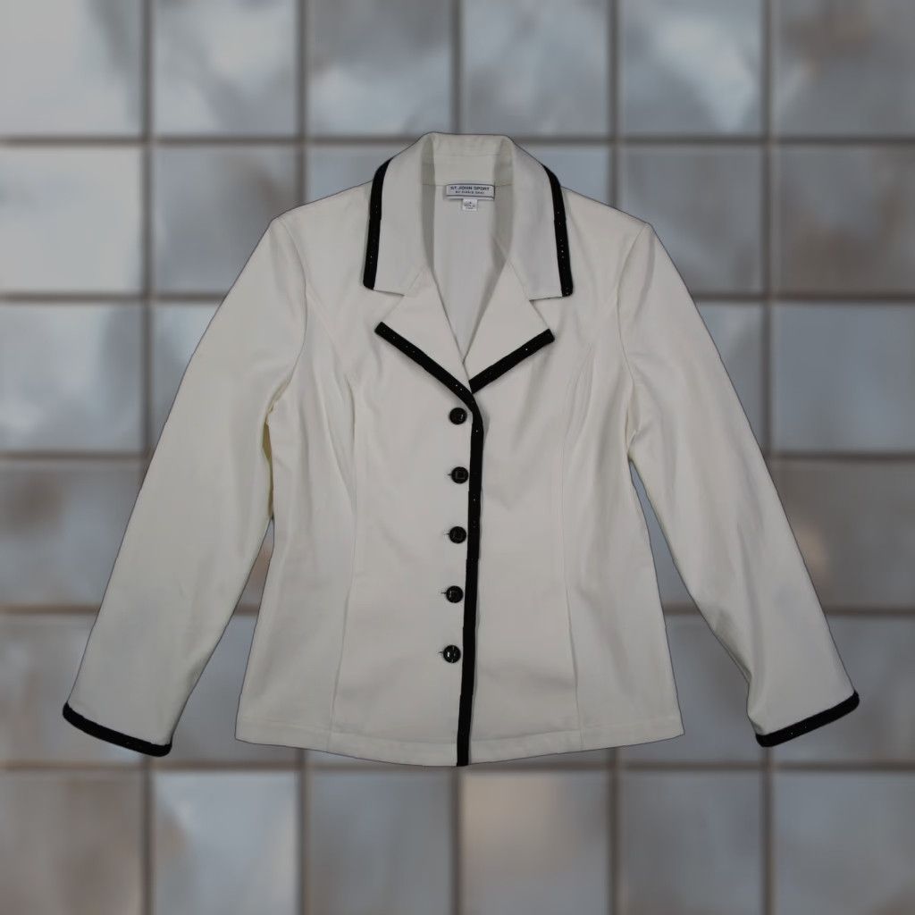 St. John VINTAGE St. John Sport Blazer Womens Small White Black Trim Sequin Retro 00s Size S / US 4 / IT 40 - 1 Thumbnail