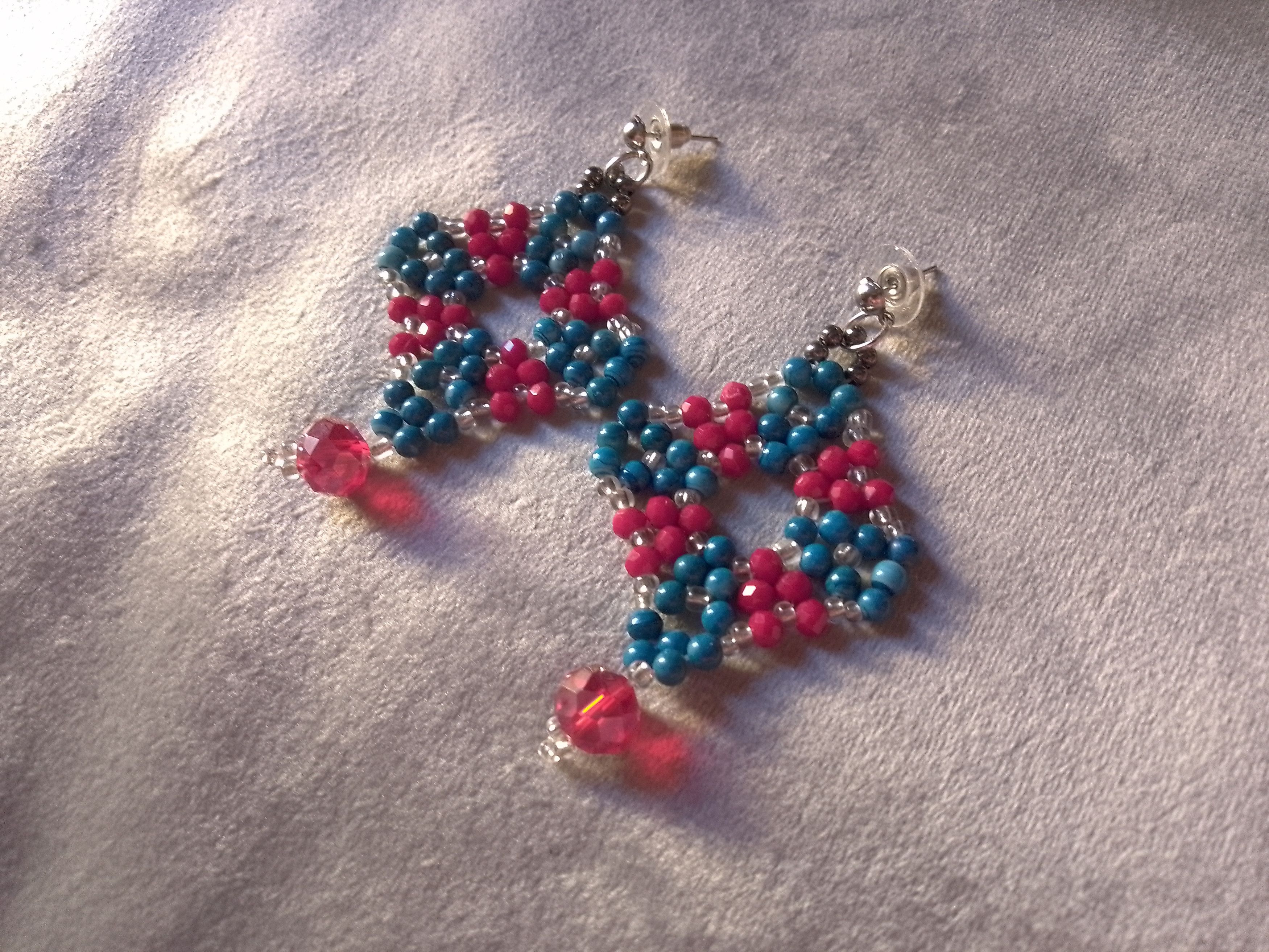 Handmade Earrings Blue Pearls Red Crystals Embroidered Handmade Size ONE SIZE - 4 Thumbnail