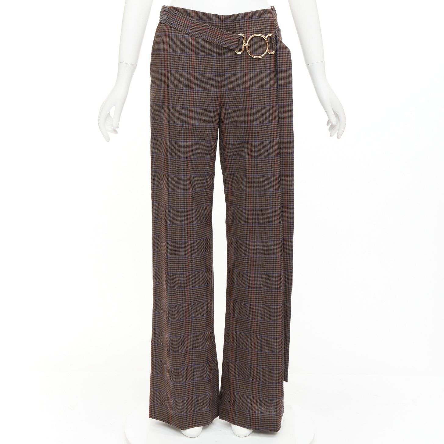 MONSE MONSE brown virgin wool checkered long gold belt wide leg pants US2 S Size 27" / US 4 / IT 40 - 1 Thumbnail