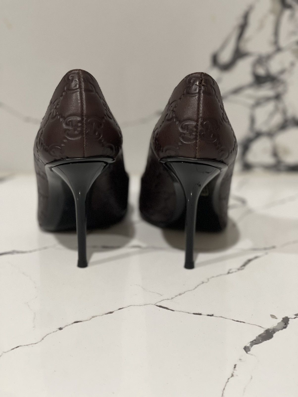 Gucci Gucci Guccissima Brown Leather Peep Toe Heels Size US 5 / IT 35 - 3 Thumbnail