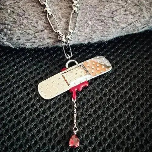 Jewelry Punk Silver Bleeding Heart Band-aid Necklace Size ONE SIZE - 2 Thumbnail