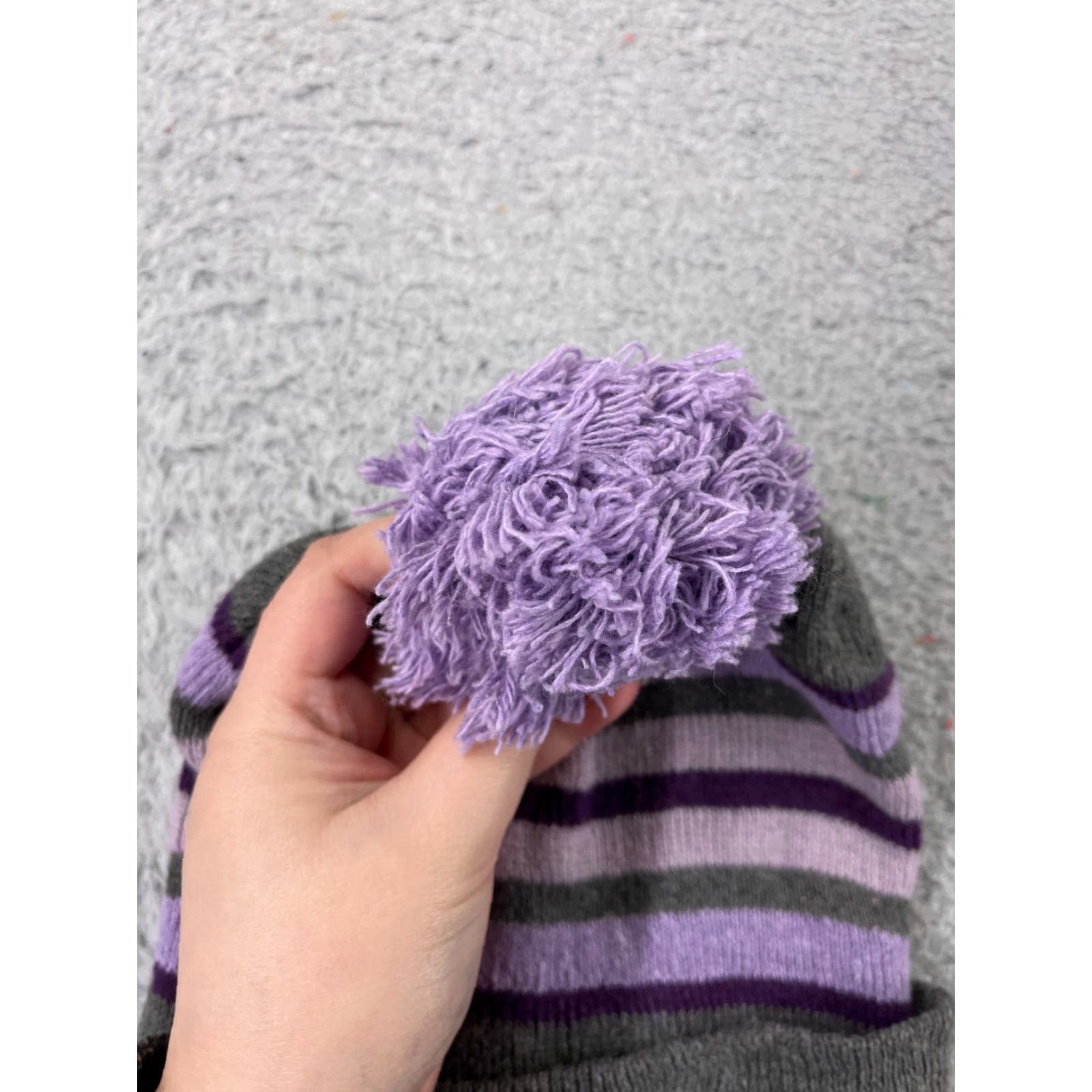 Vintage Sport-Tek Beanie Toque Women's One Size Purple Gray Stripe Knit 100% Acrylic Winter Ski Hat Mens Womens Size ONE SIZE - 3 Thumbnail
