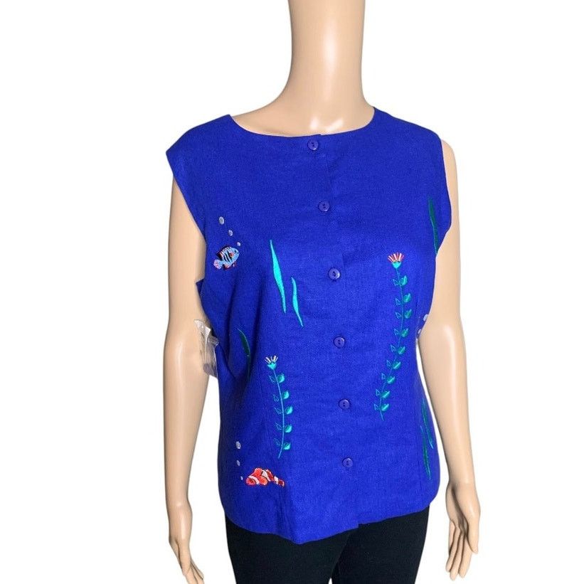 Other Women's Top Size 10 Top Linen Blend Ocean Fish Embroidered Size L / US 10 / IT 46 - 9 Thumbnail
