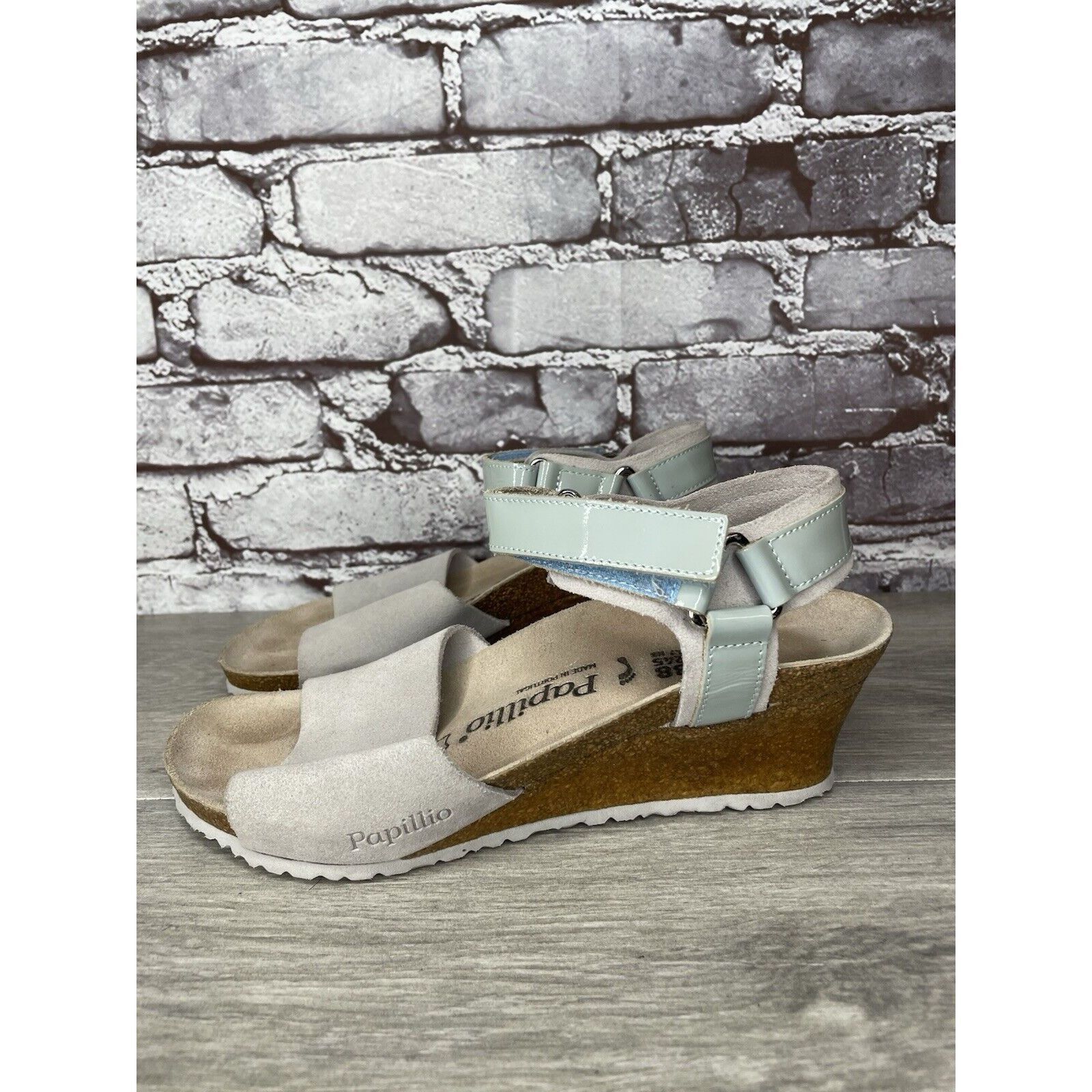 Birkenstock Papillio Grey Nubuck Suede Teal Patent Cork Wedg