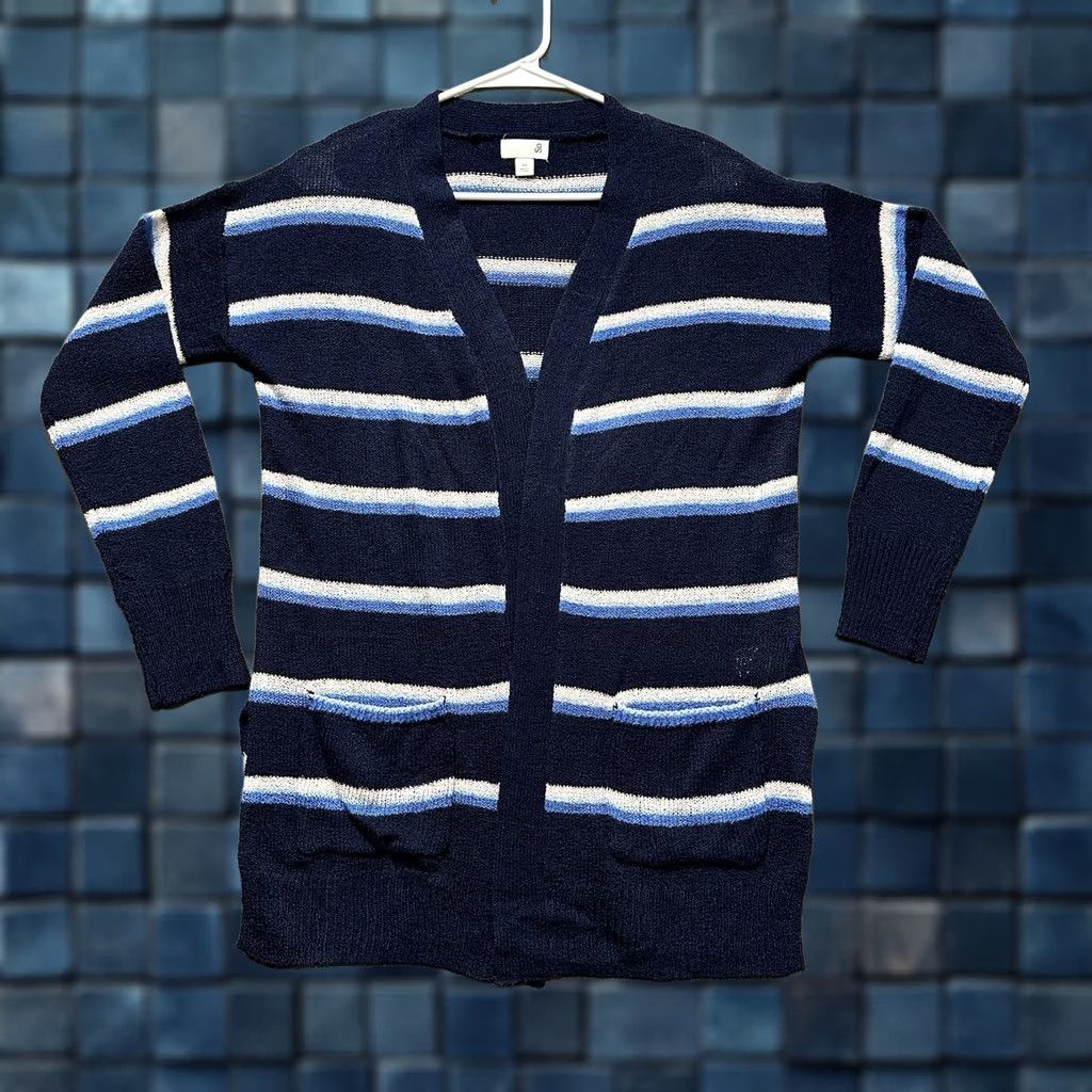 Vintage SO Cardigan Sweater Womens Medium Blue Striped Knit Open Front Pockets Flowy EUC Size M / US 6-8 / IT 42-44 - 1 Thumbnail