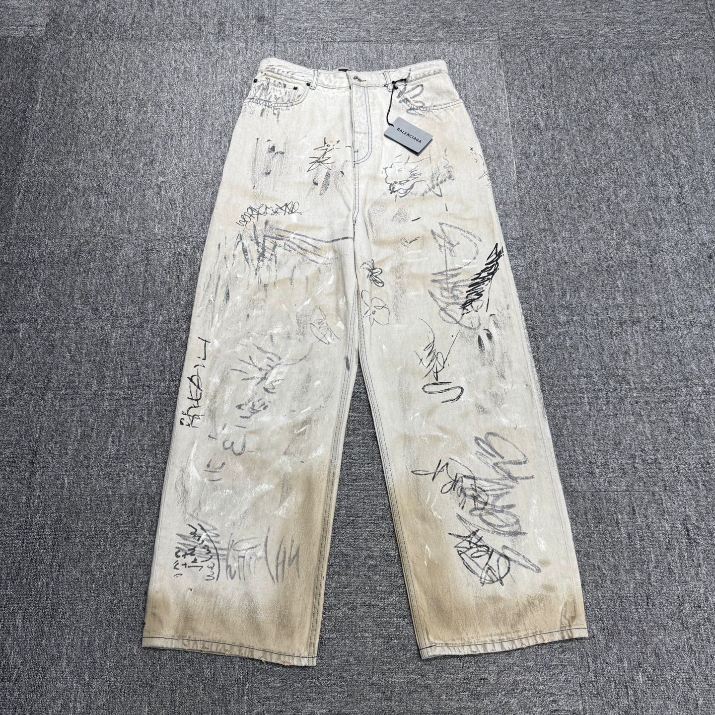 Balenciaga Multi Color Graffiti Print Wide Leg Denim Pants Size US 32 / EU 48 - 1 Thumbnail