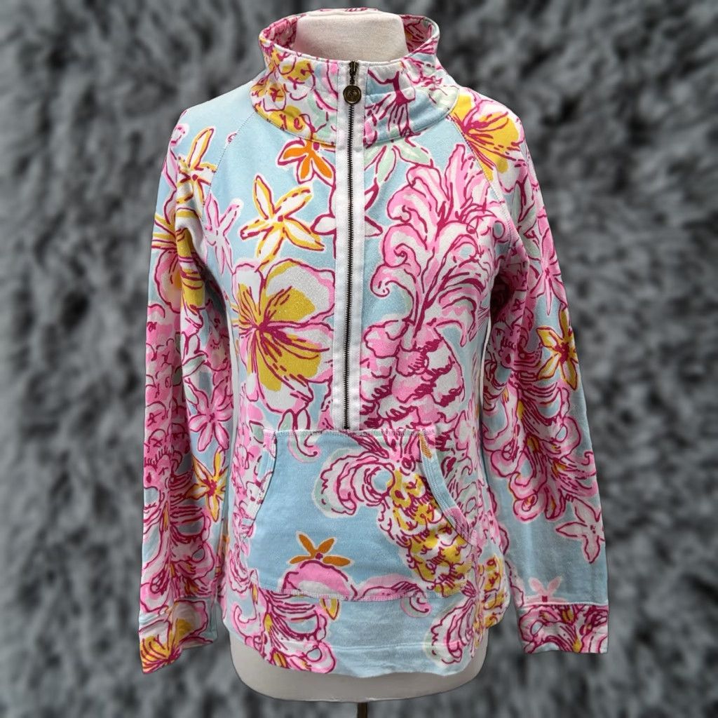 Lilly Pulitzer Lilly Pulitzer Floral 3/4 Zip Popover Top Breakwater Blue Medium Womens Size M / US 6-8 / IT 42-44 - 1 Thumbnail