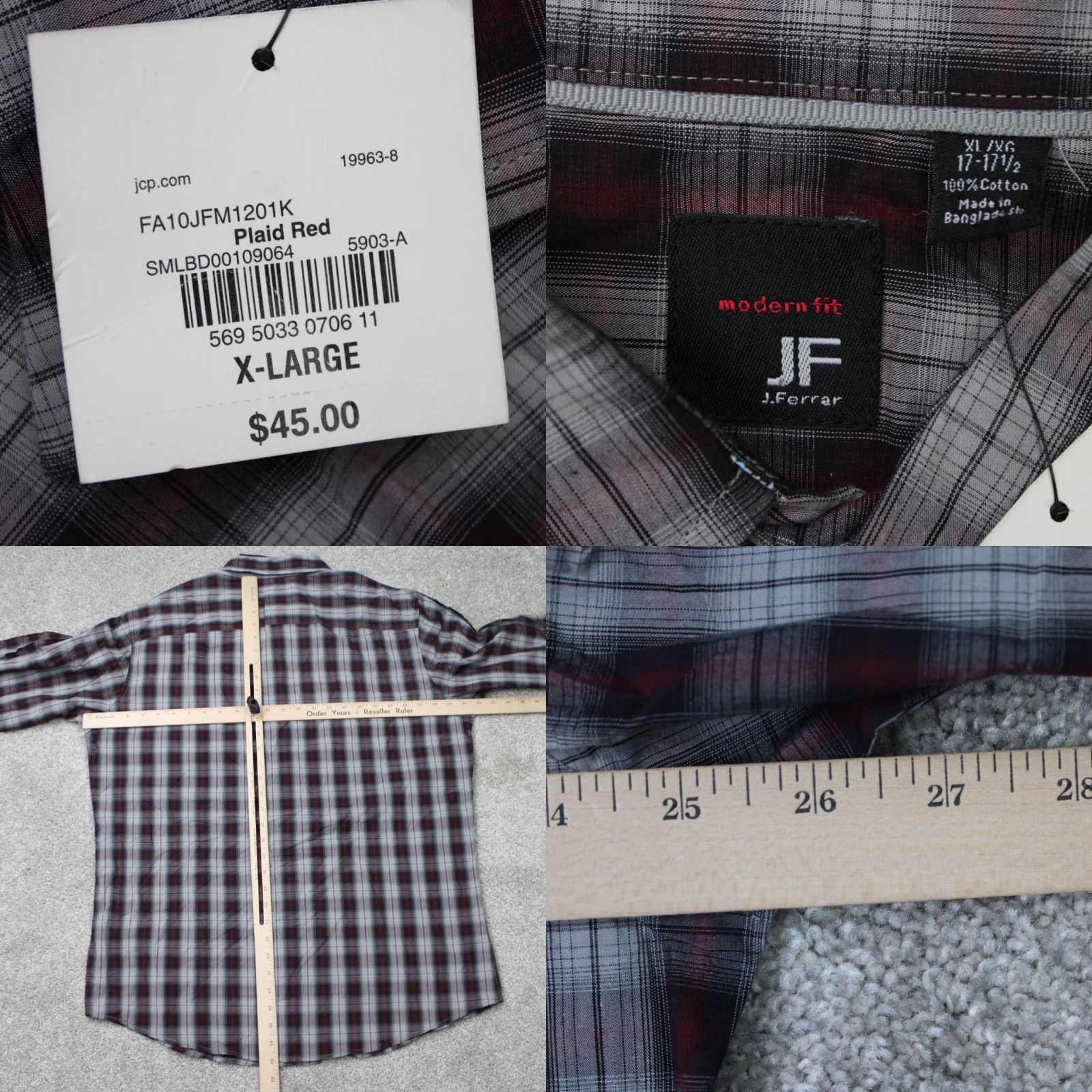 Vintage JF J. Ferrar Shirt Mens XL 17-17 1/2 Red/Gray Plaid Modern Fit Cotton L/S NWT Button-Up Shirt Mens XL Red Gray Plaid Size US XL / EU 56 / 4 - 8 Thumbnail