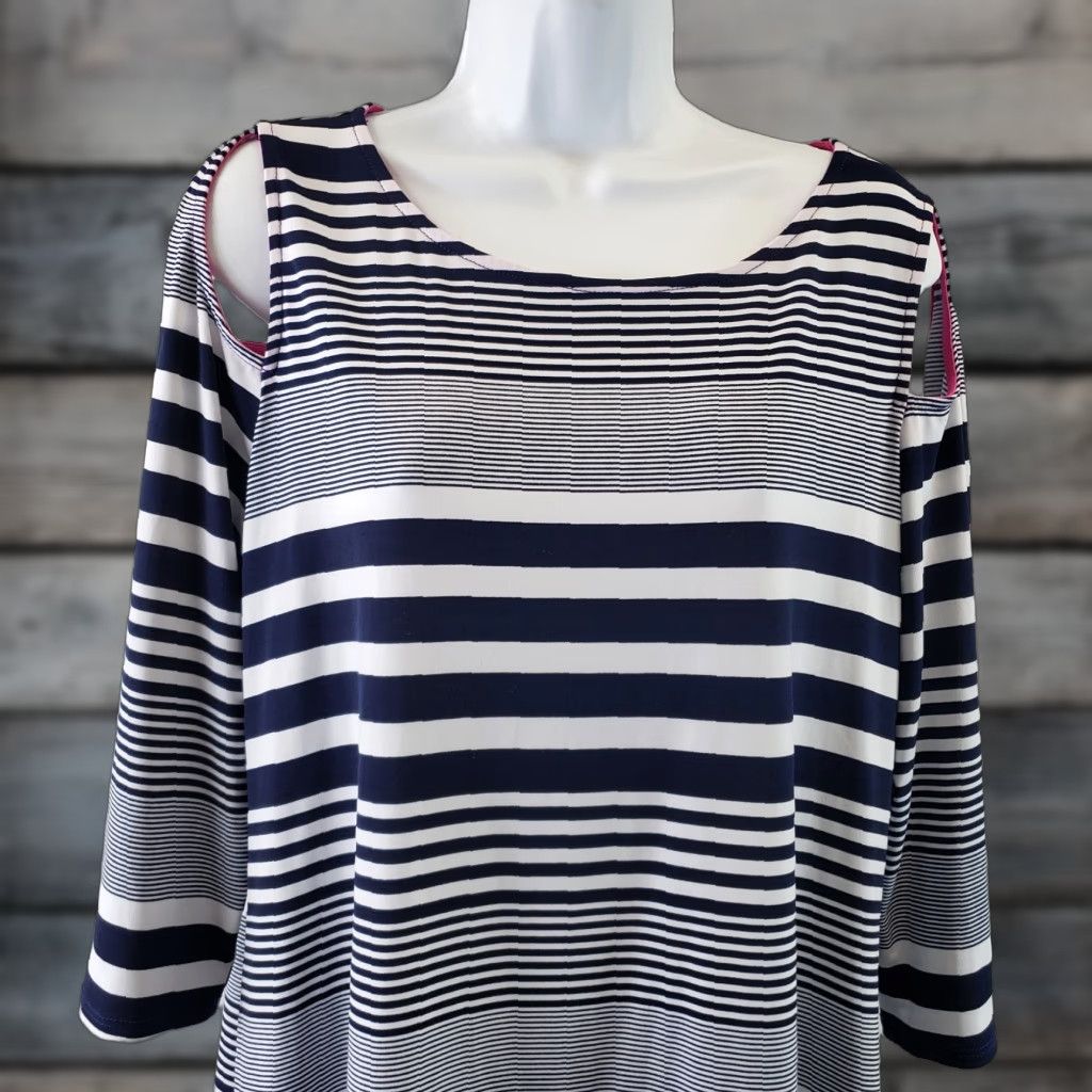 Vintage IC by Connie K Womens Tunic Blouse L Blue Stripe 3/4 Sleeve Shoulder Cutouts Shirt Womens L Size L / US 10 / IT 46 - 1 Thumbnail
