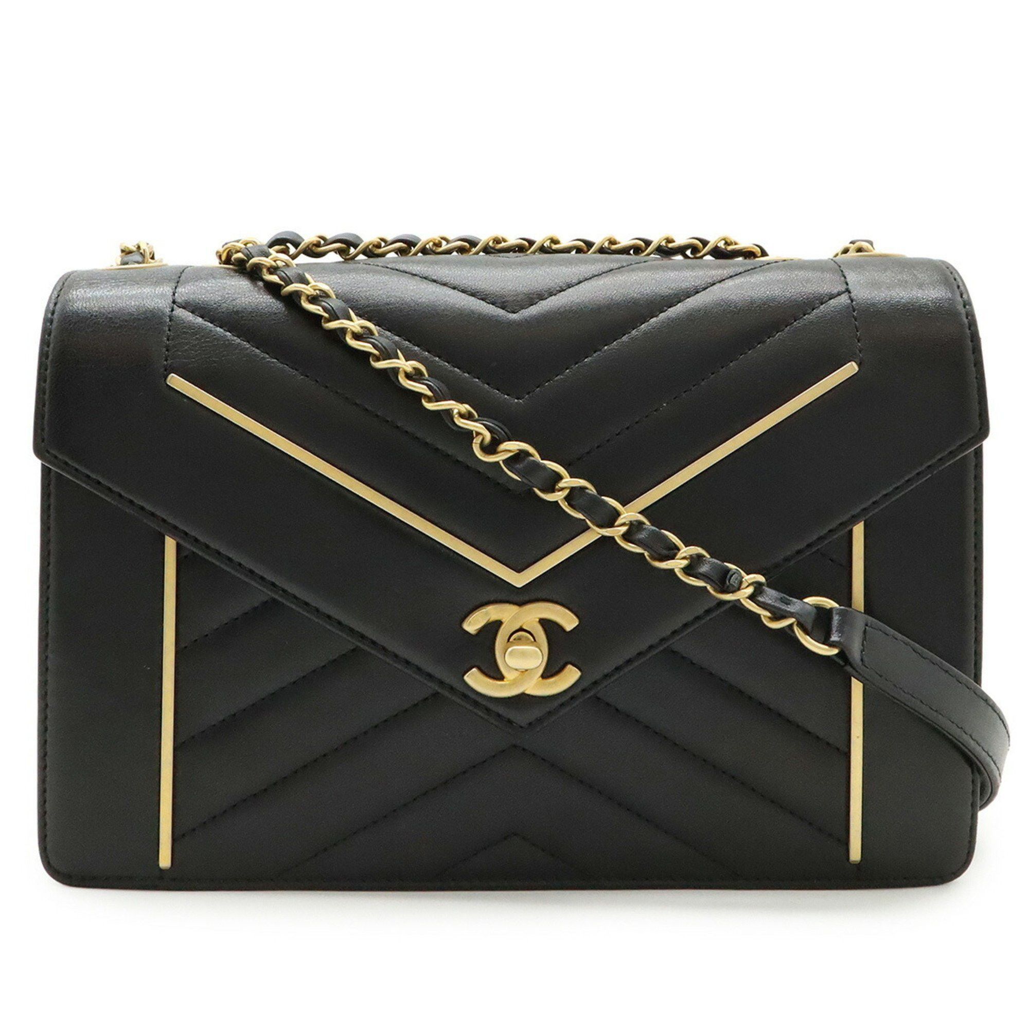 Chanel V-Stitch Chevron Coco Mark Chain Shoulder Bag Lambskin Black A91898, Women's