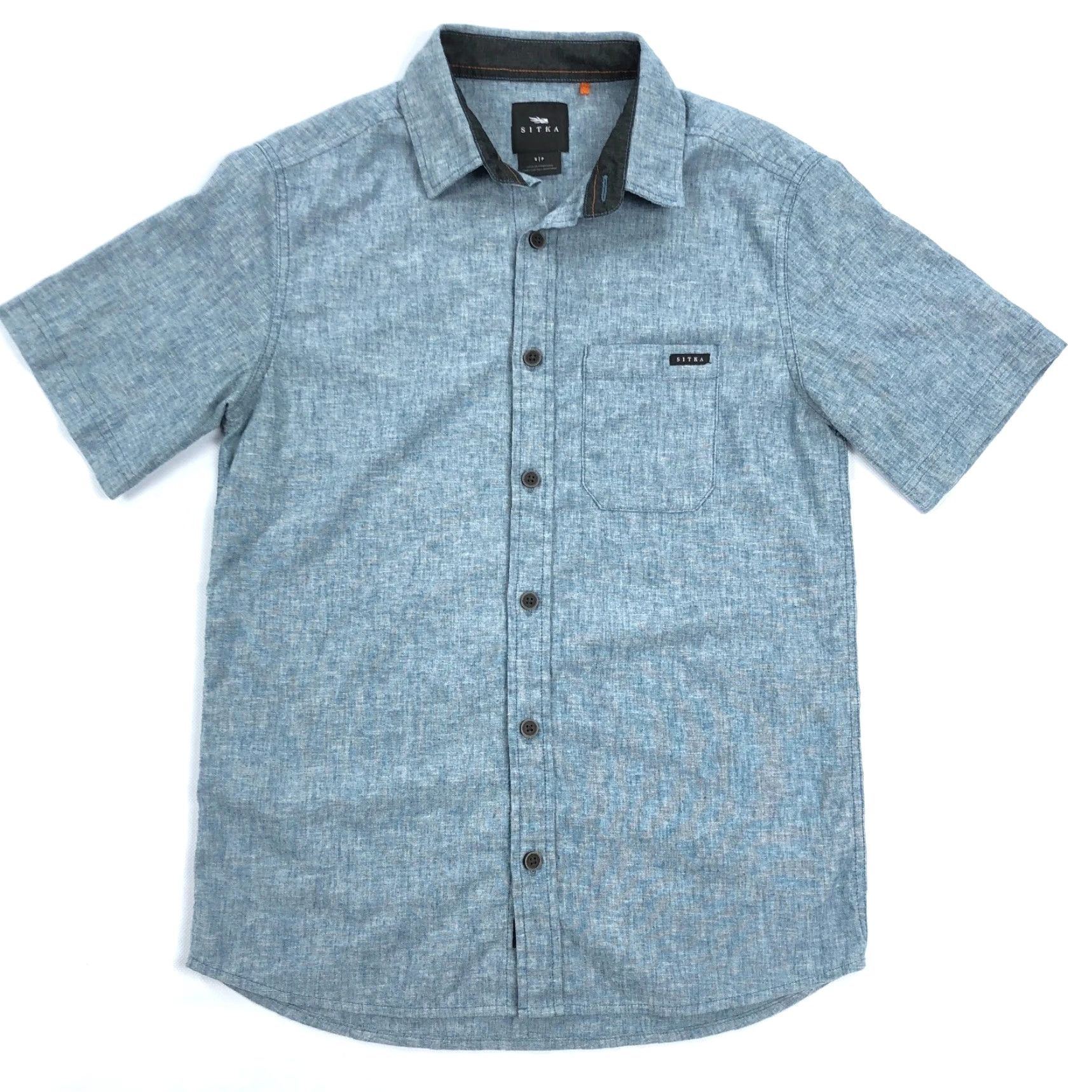 SITKA SITKA Shirt Short Sleeve Button Up Mens S Blue Heather Casual Travel Modern Outdoor 21" Chest Size US S / EU 44-46 / 1 - 2 Thumbnail