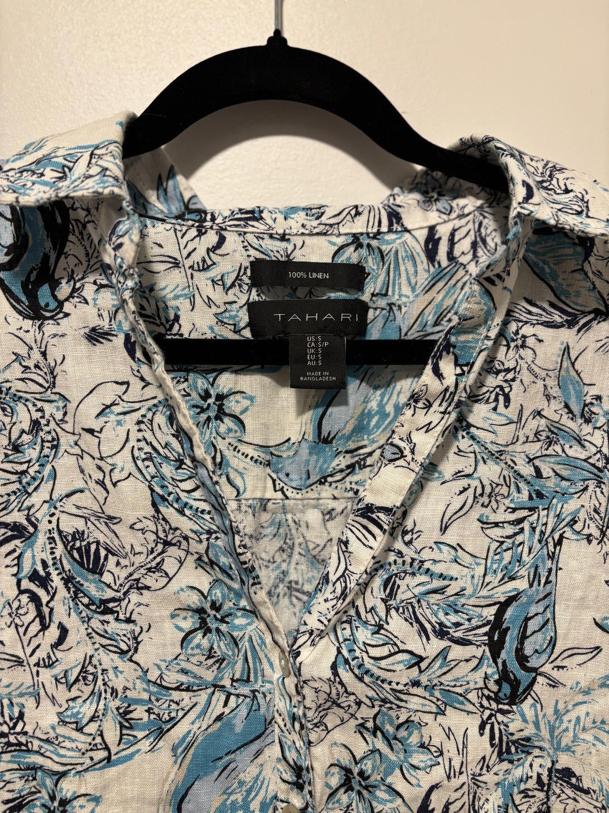 Elie Tahari Tahari Blue & White 100% Linen Floral/Bird Print Blouse Sm Size S / US 4 / IT 40 - 3 Thumbnail