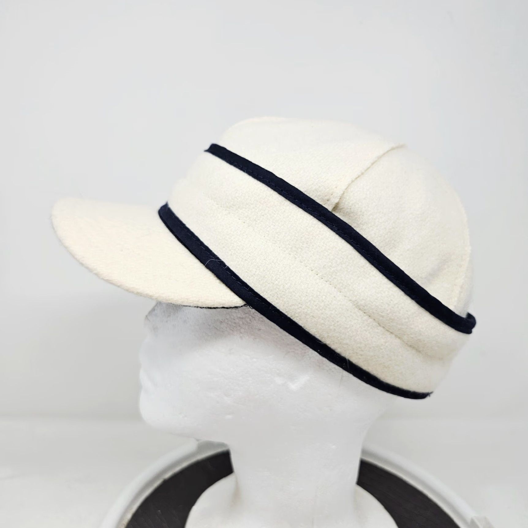 Vintage Stormy Kromer Hat Cap Fitted Womens 7 White Navy Flower Trapper USA Wool Winter Size ONE SIZE - 5 Thumbnail